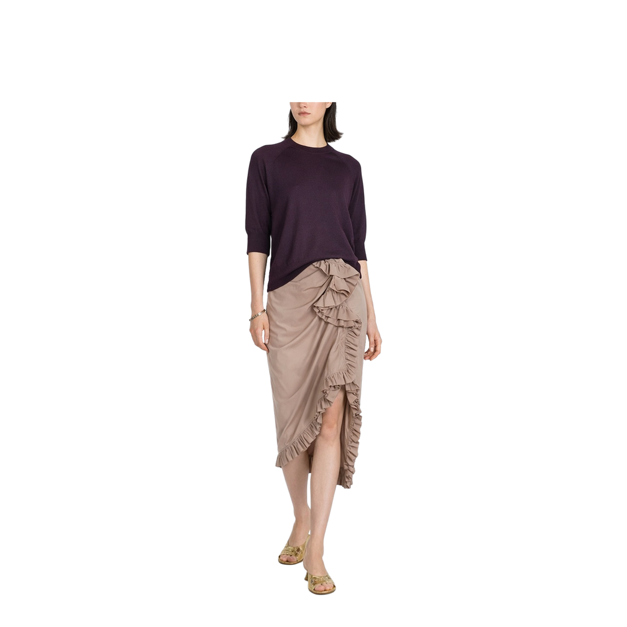 Beige Poplin Asymmetric Ruffled Midi Skirt - Image 2
