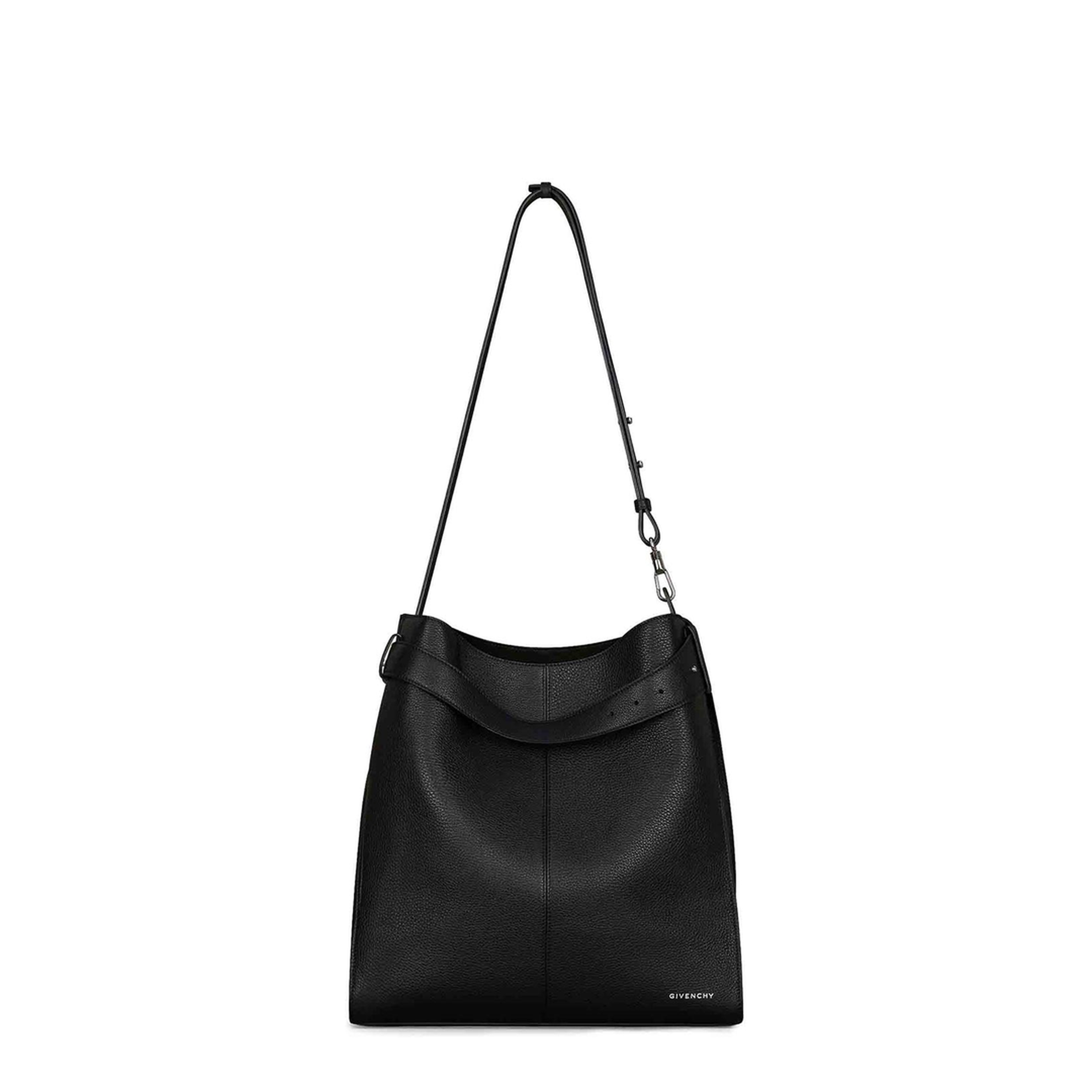 Belted Medium Grained Leather Hobo Bag - Black - Image 4