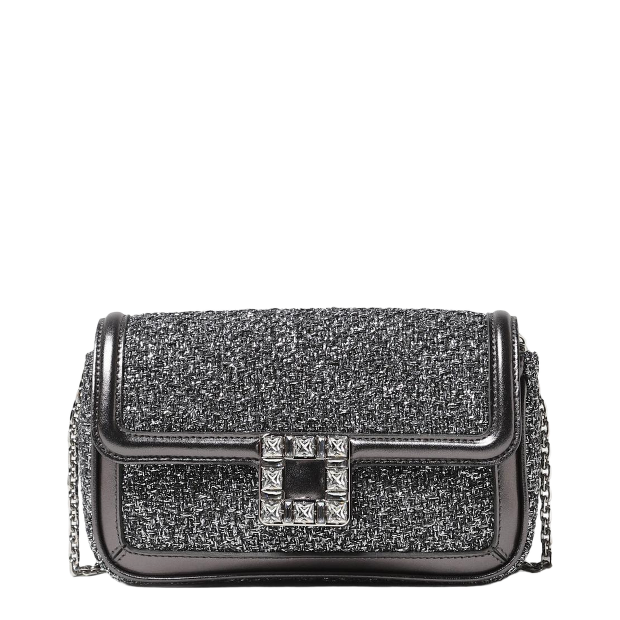 Viv' Jeu De Fille Medium Metallic Tweed with Leather Trim Clutch - Grey - Image 1