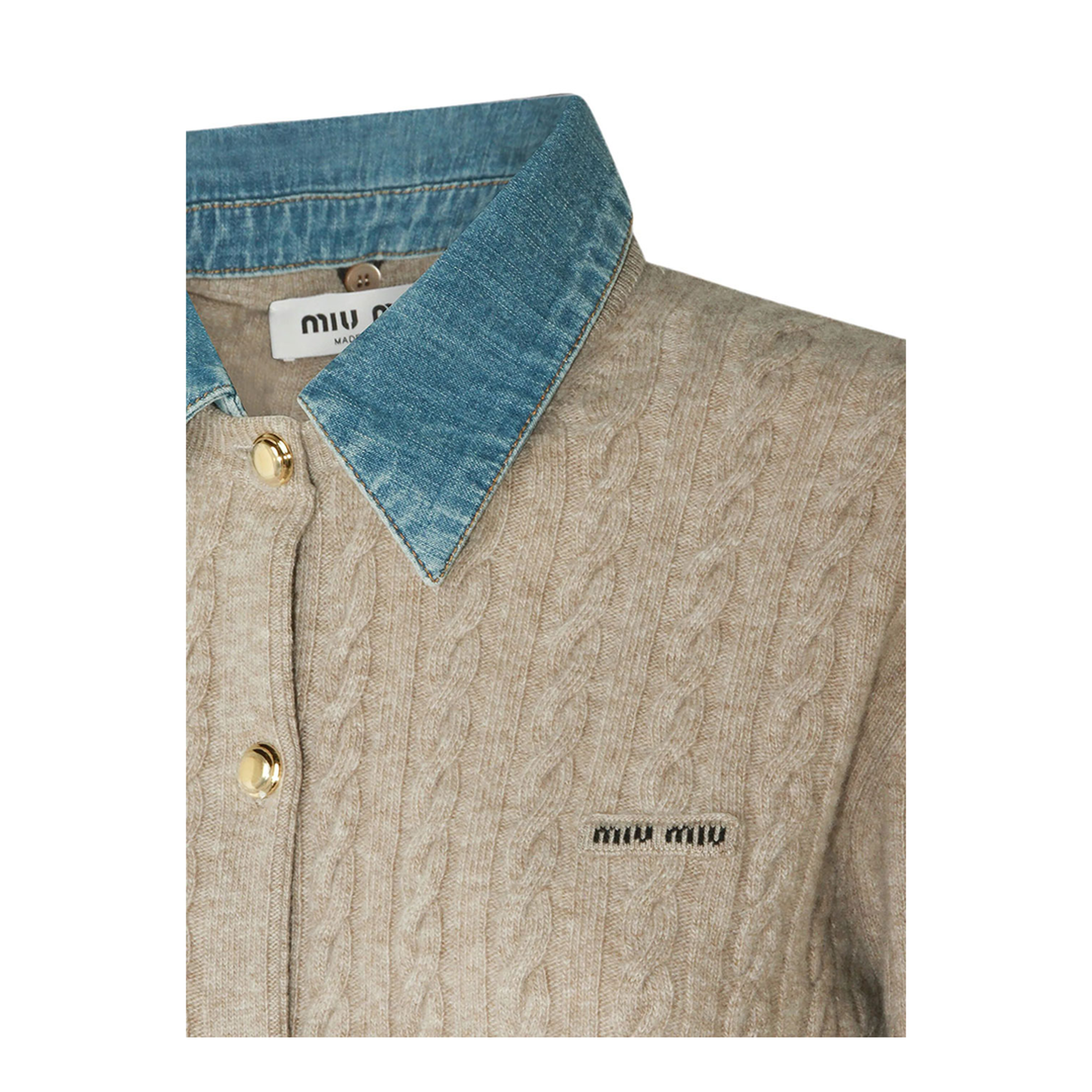 Denim-Collar Cable-Knit Cashmere Cardigan - Image 3