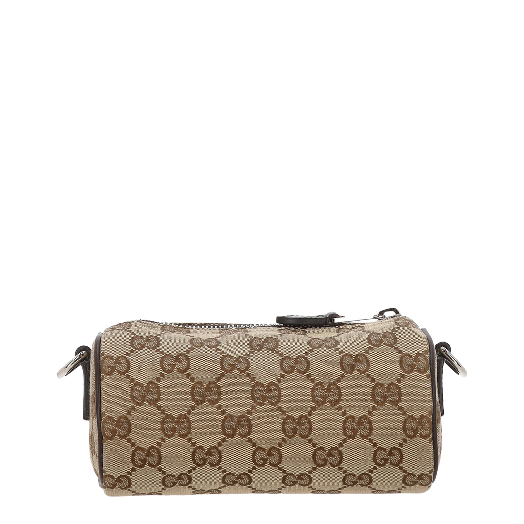 Mini Canvas Cylinder Bag - Beige and Dark Brown - Image 4