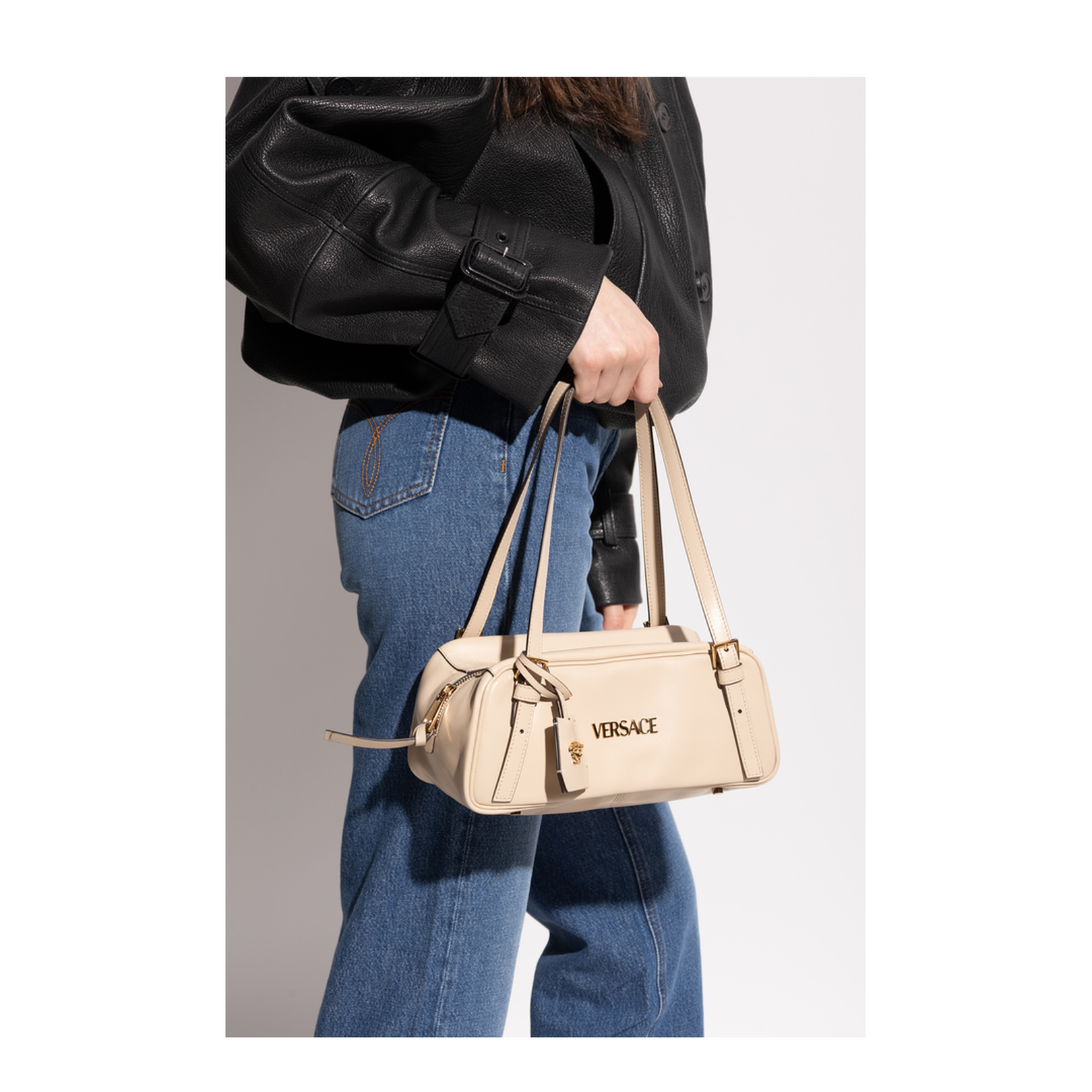 Tag Bowling Hand Bag Leather Beige - Image 2