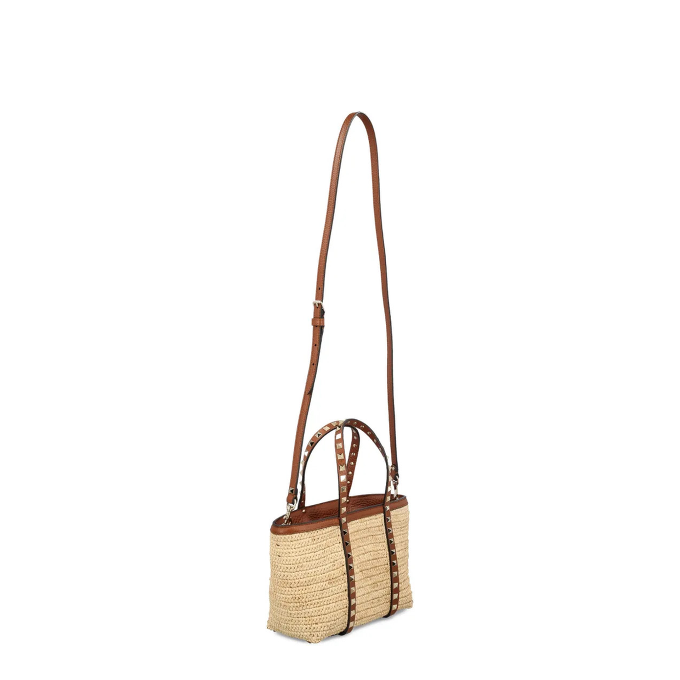 Rockstud Mini Raffia Shopping Bag - Natural/Saddle Brown - Image 3