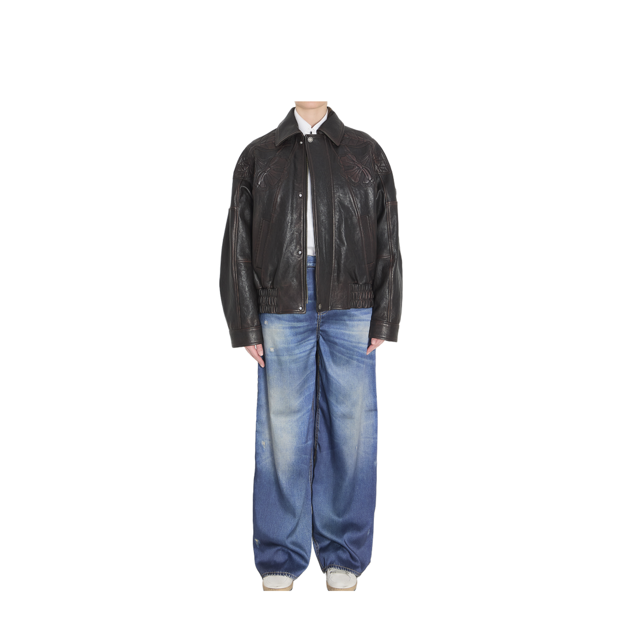 Leather Bomber Jacket with Floral Embroidery - Image 5