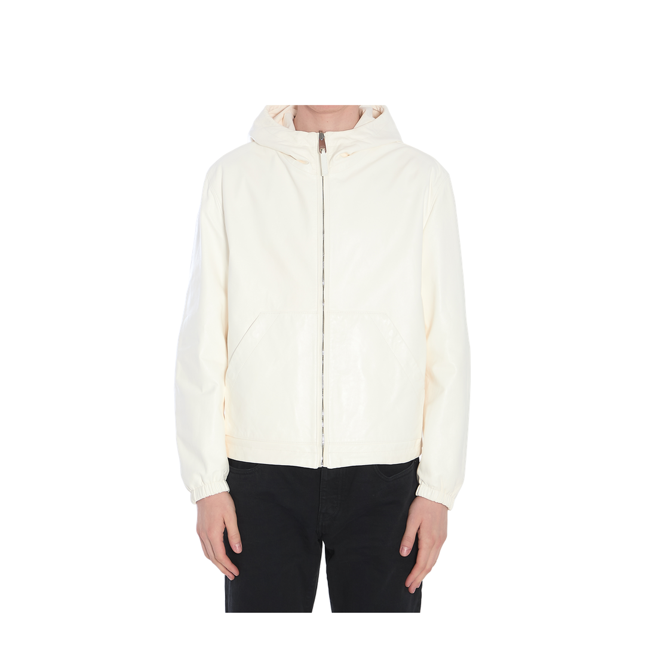 Leather and fabric jacket with reversible hood - Image 1