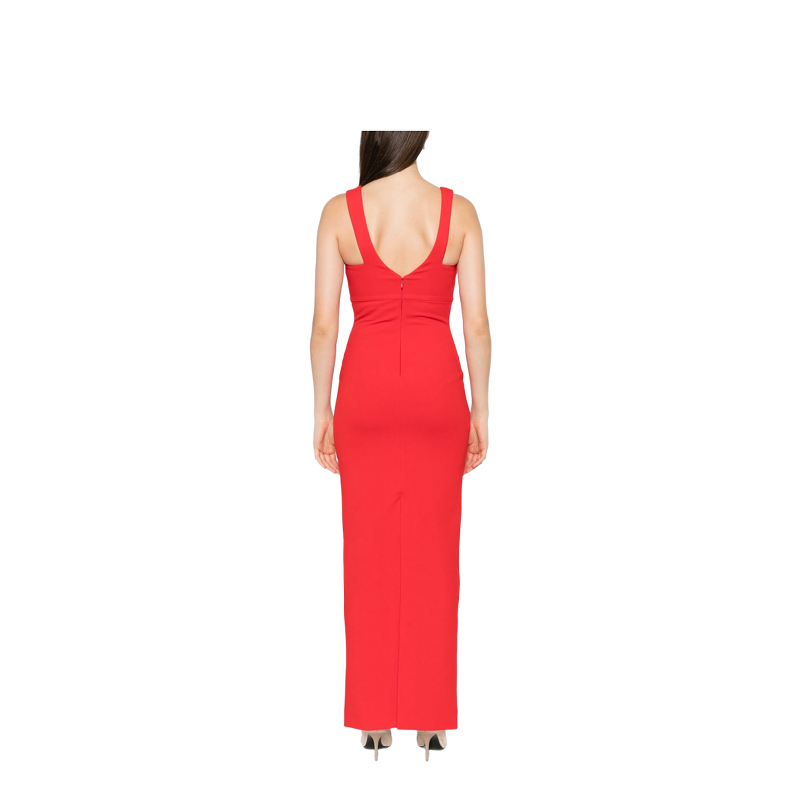 Red Sleeveless Design V-Neckline Fitted Bodice Maxi Length Straight Skirt - Image 4