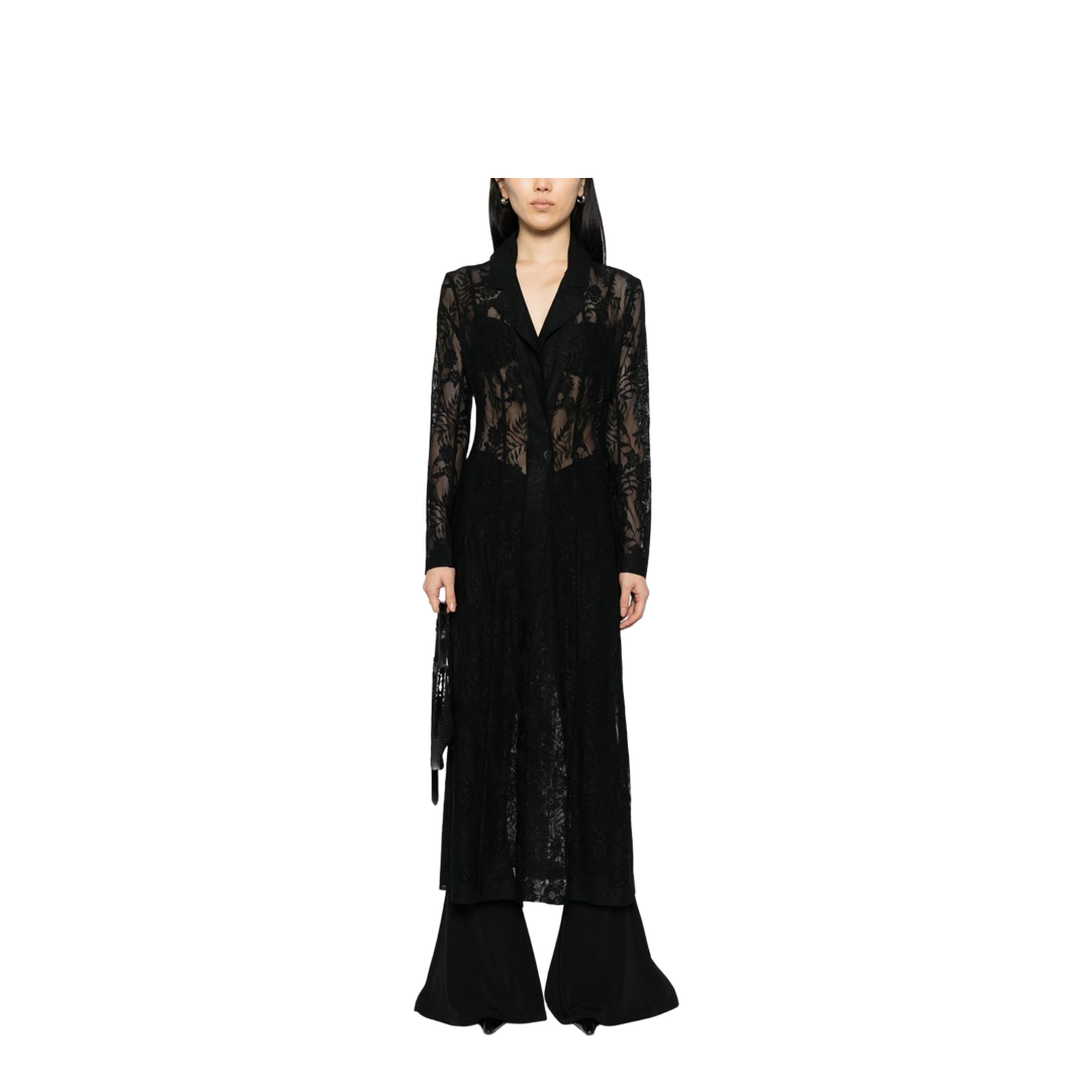 Black Open Front Floral-Lace Detailing Long Coat - Image 3