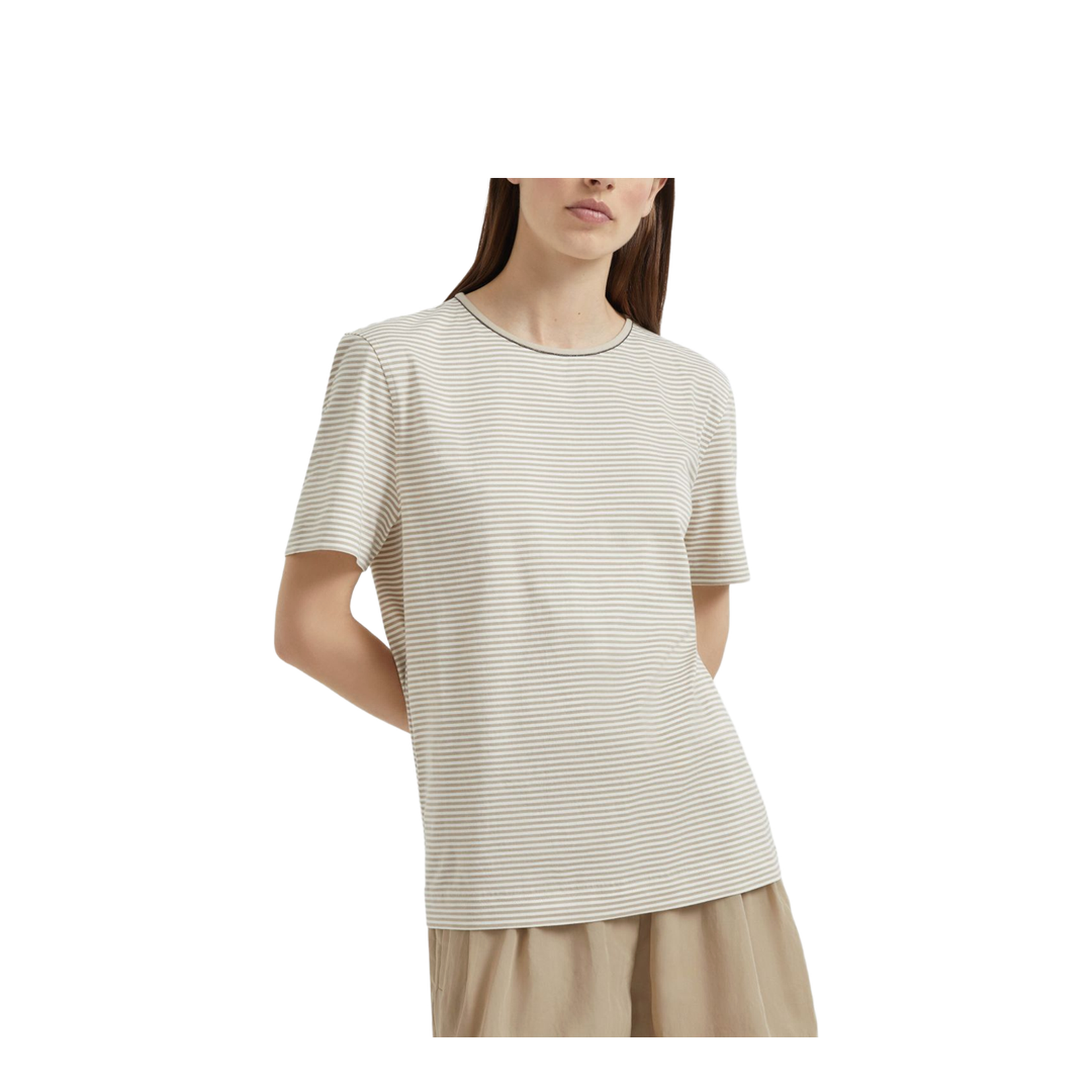 Striped Cotton Jersey T-Shirt with Shiny Neck Detail - Image 3
