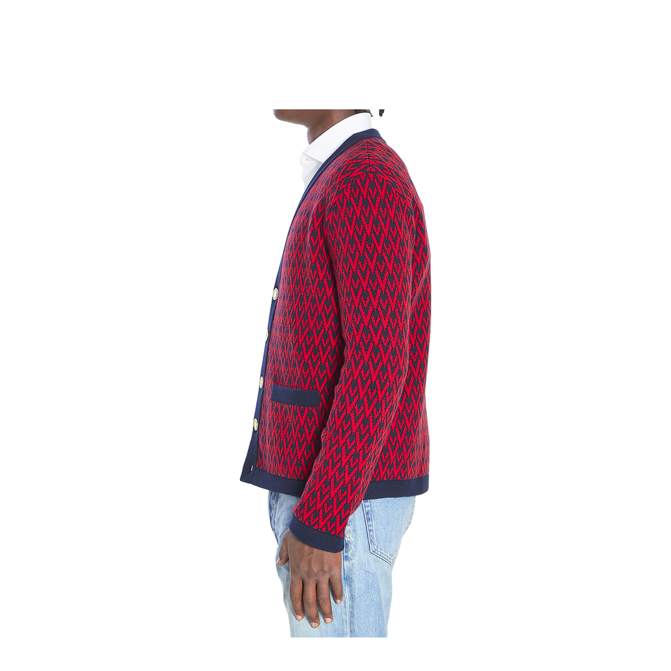 Navy and Red Wool V-Pattern Cardigan - Image 3