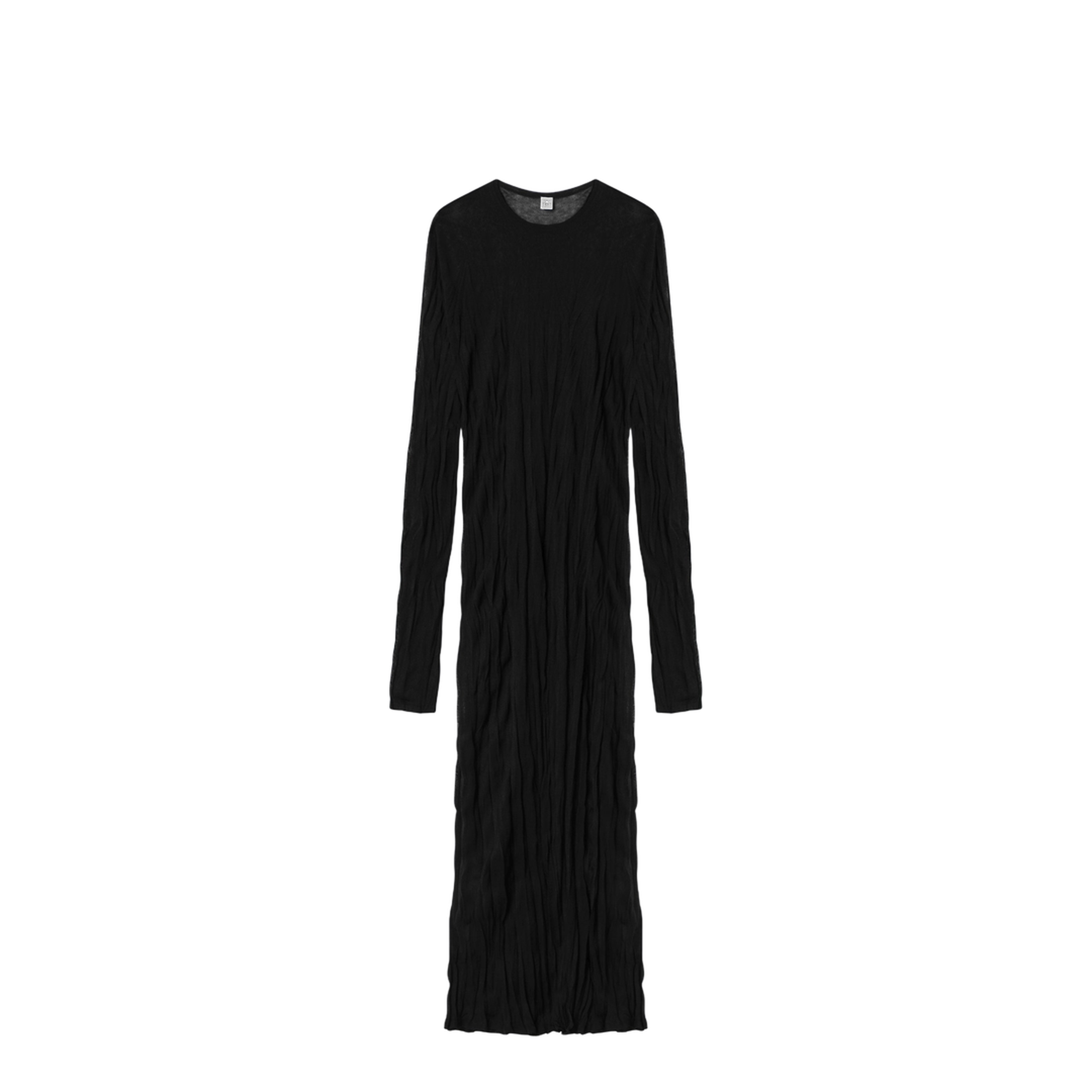 Crinkled Knit Maxi Dress with Long Sleeves in Black - Image 1