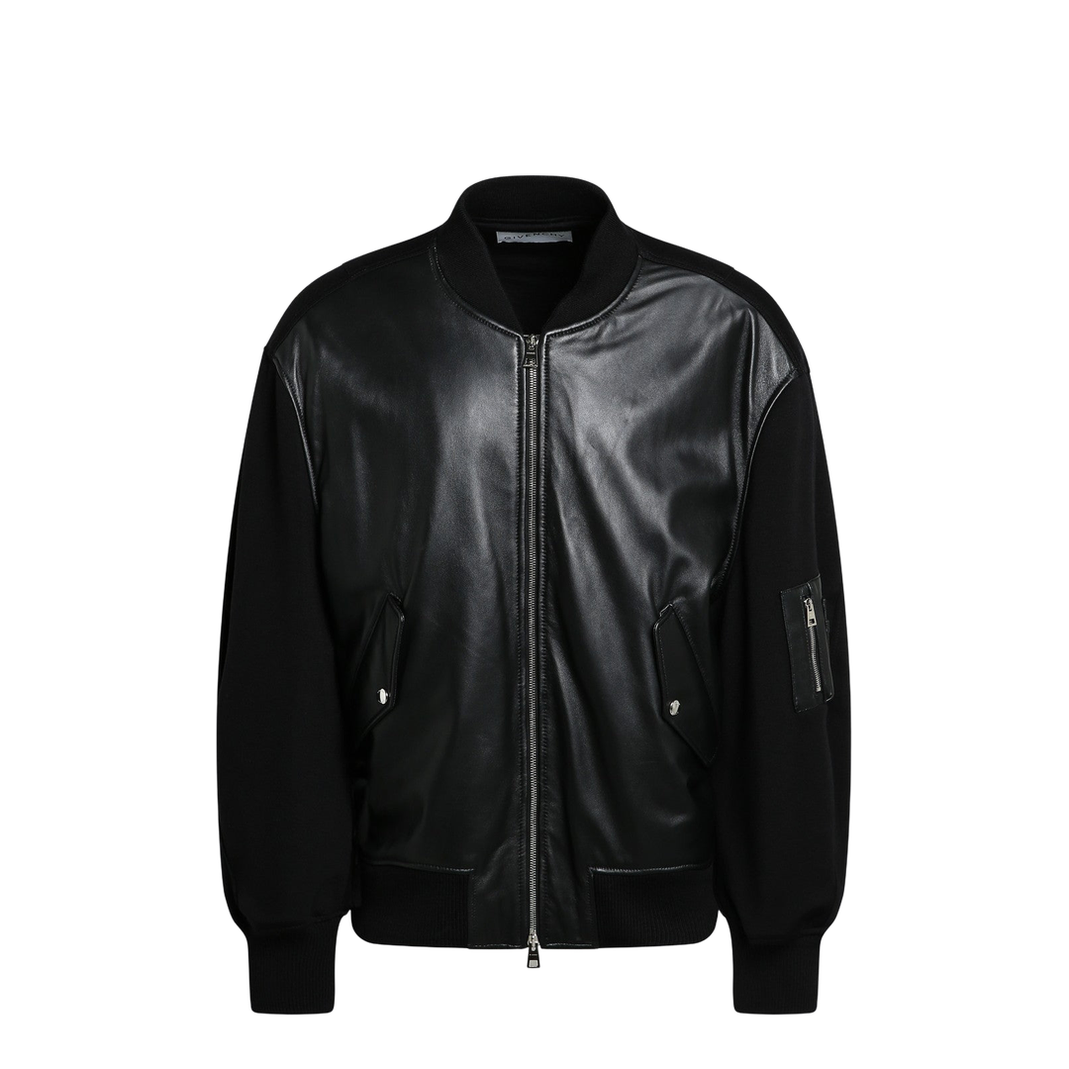 Black Leather Bomber Jacket with Wool Sleeves - Image 1