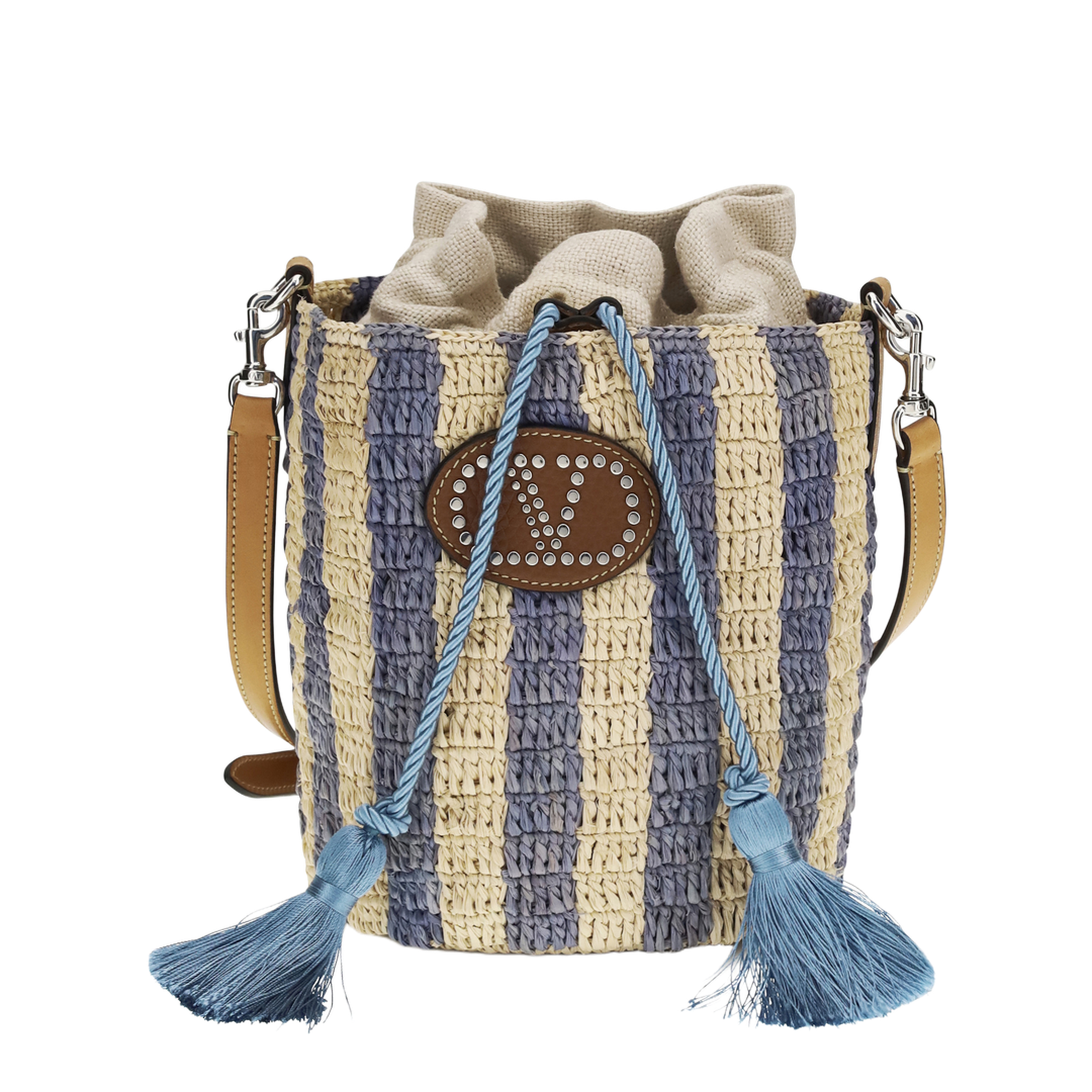 Striped Raffia Bucket Bag - Image 1
