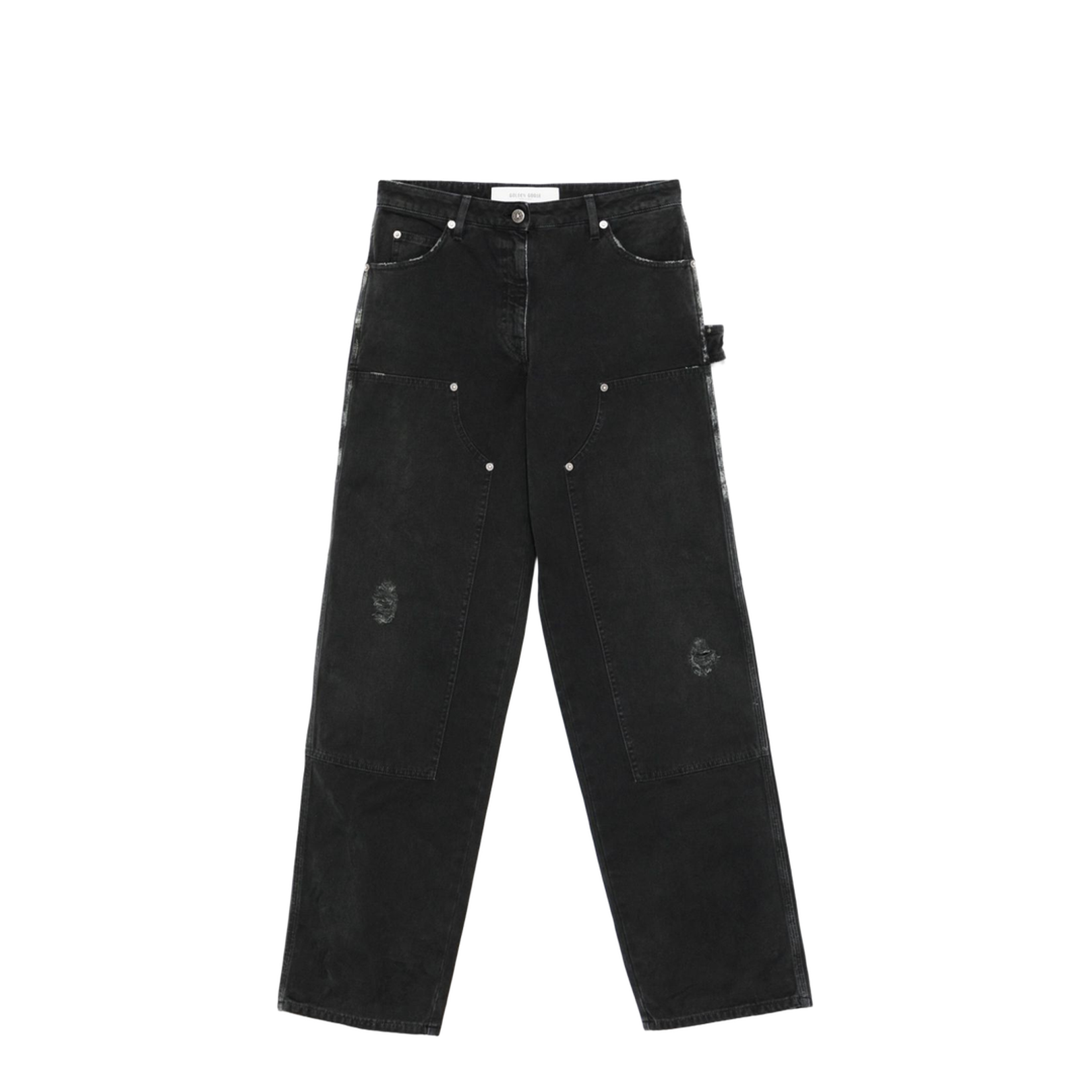 Distressed Black Cotton Jeans with Front Patches - Image 1