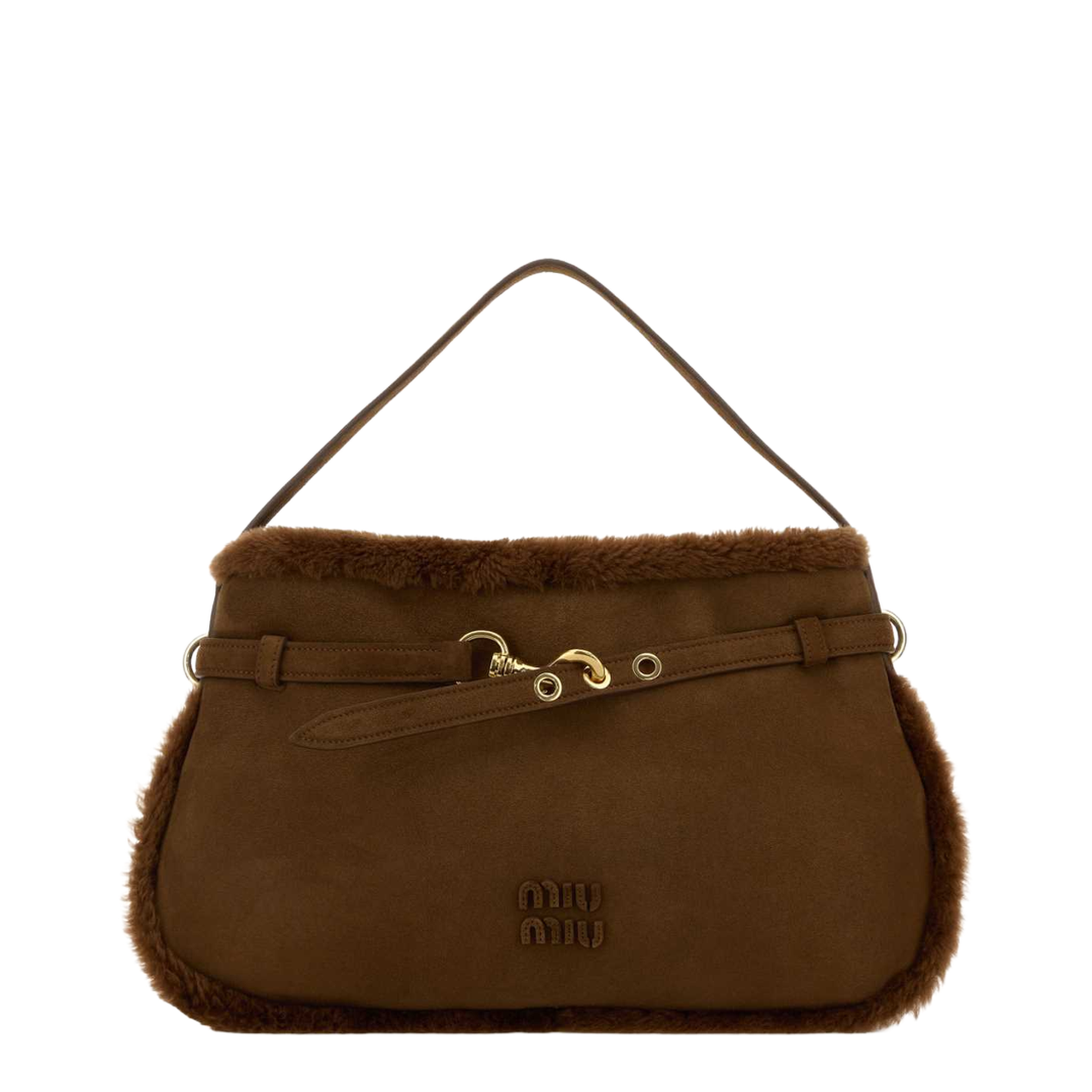 Drawstring Shearling Shoulder Bag - Brown - Image 1
