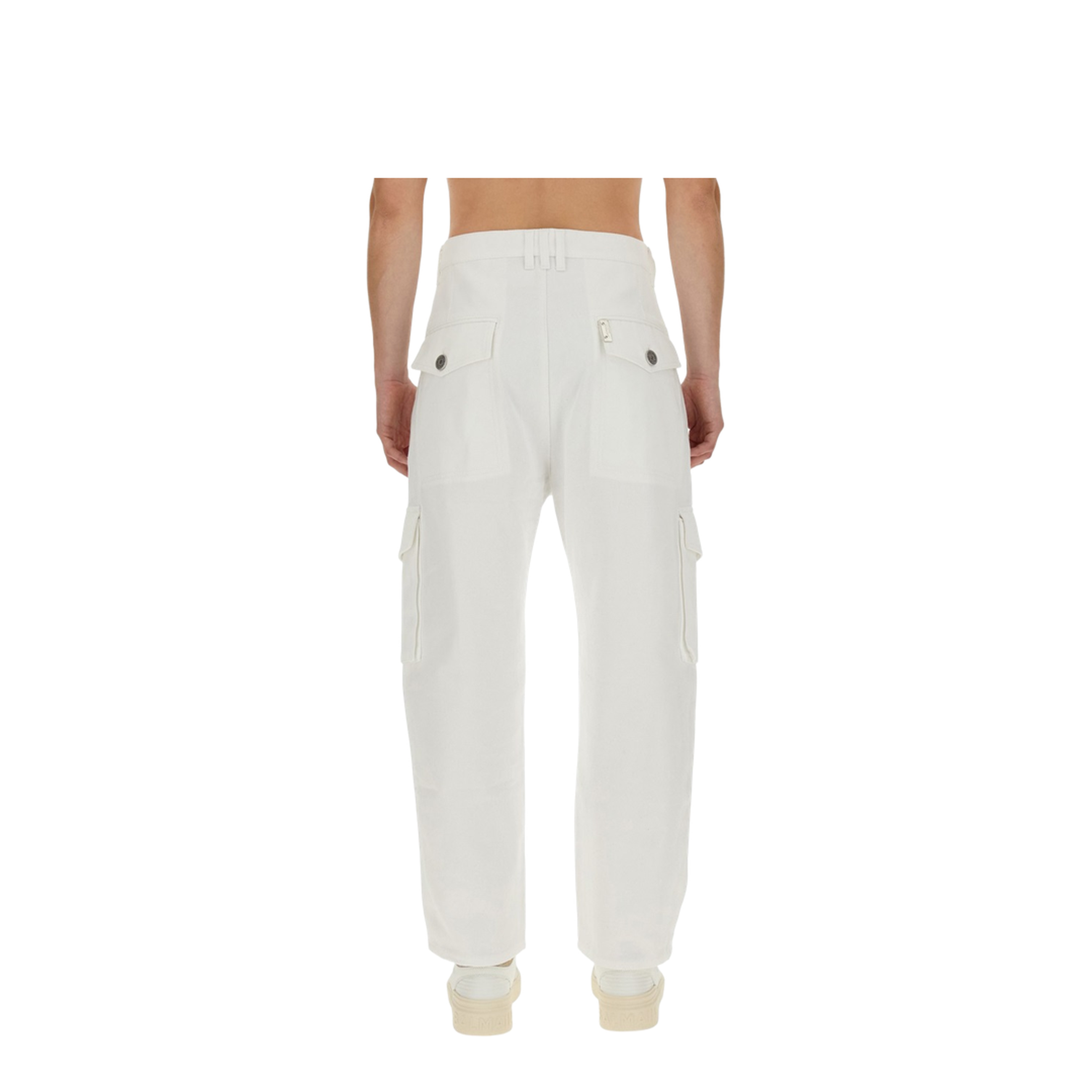 White Cargo Pants Silver Logo Plate - Image 4