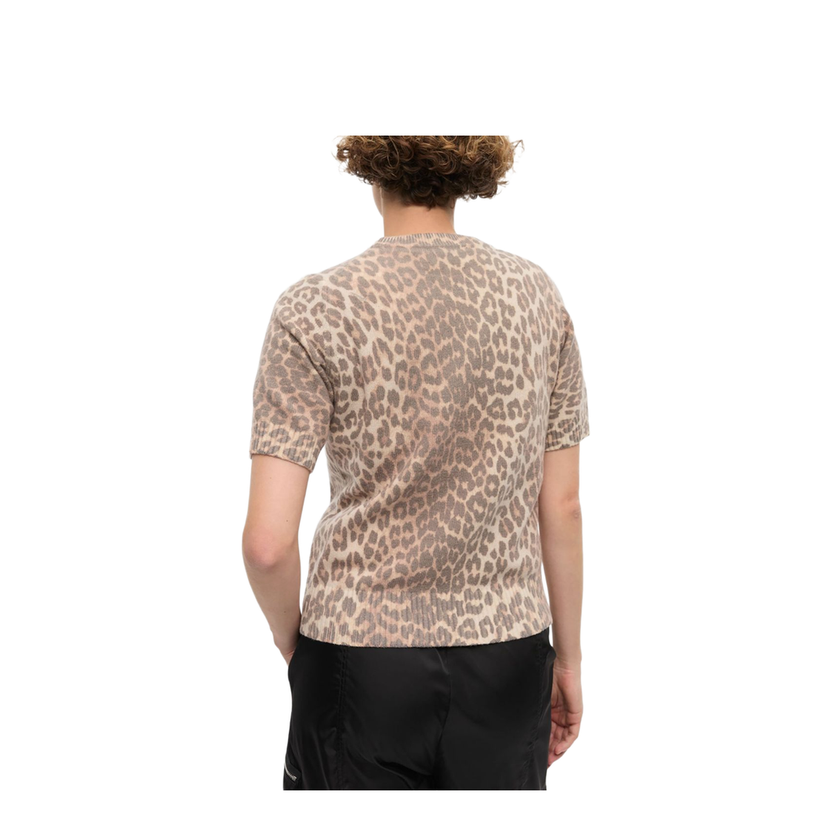 Beige Crew Neck Short Sleeves Leopard Print Ribbed Trim - Image 2