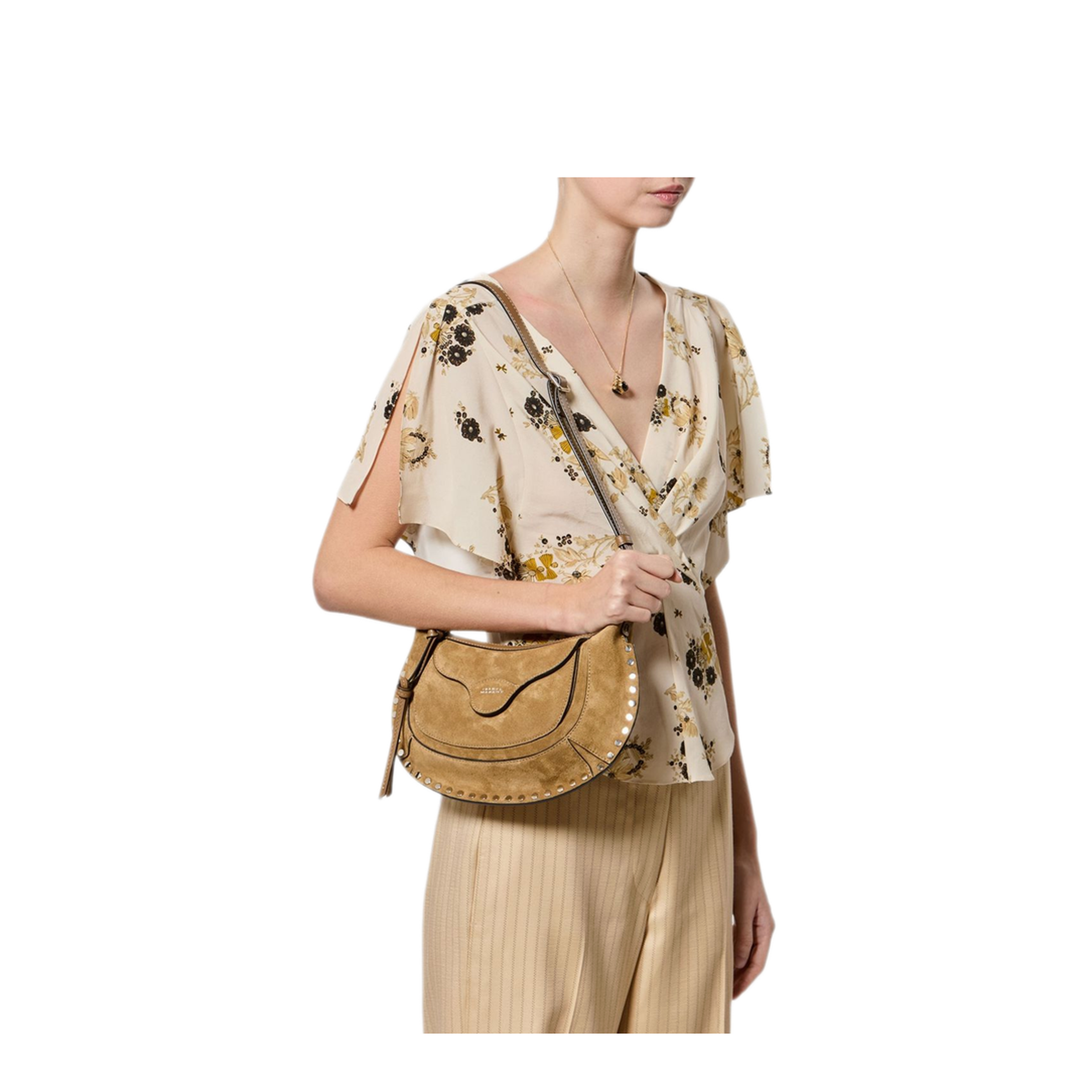 Oskan Moon Suede Calfskin Leather Crossbody Bag - Taupe - Image 1