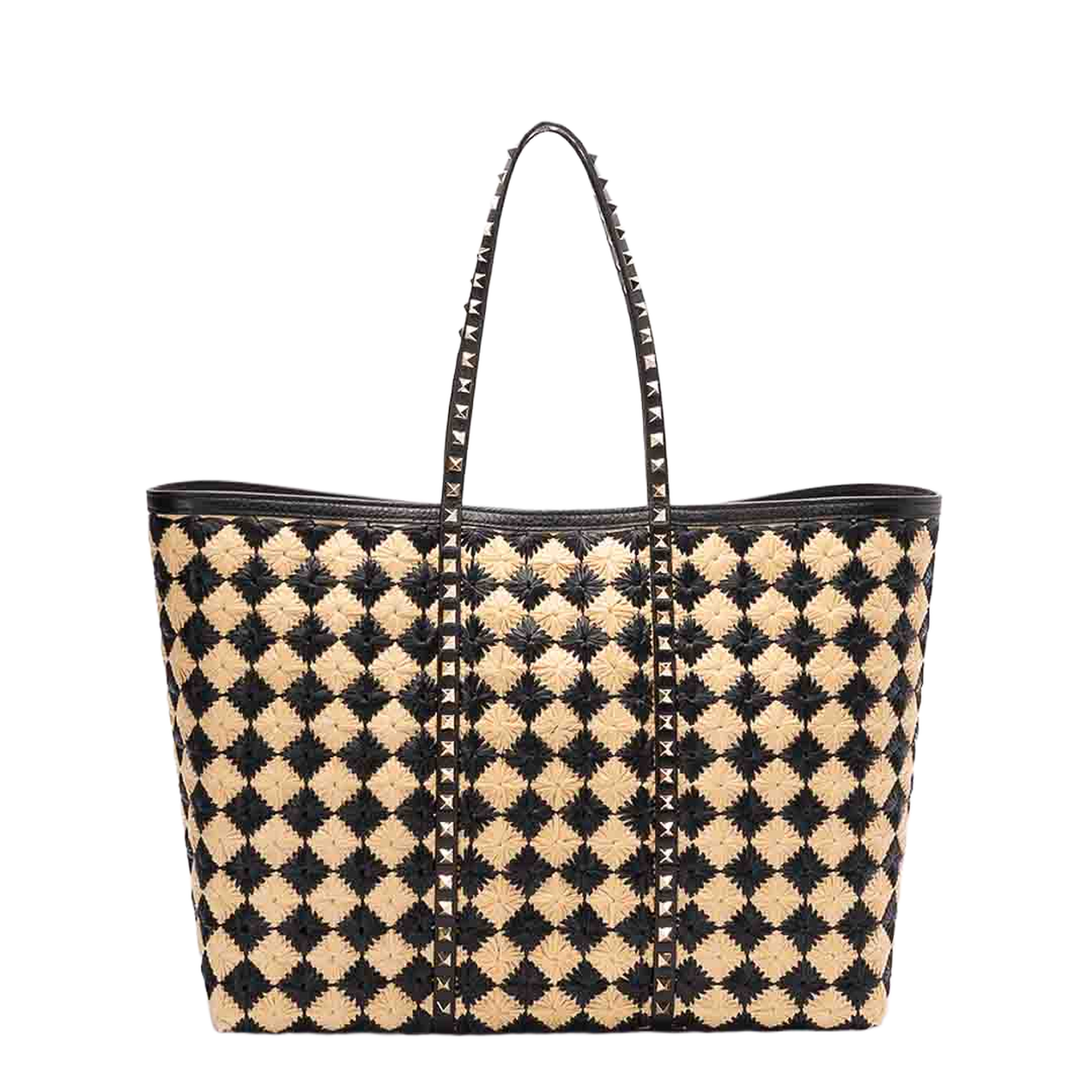 Rockstud Raffia Embroidered Shopping Bag - Natural/Black - Image 1