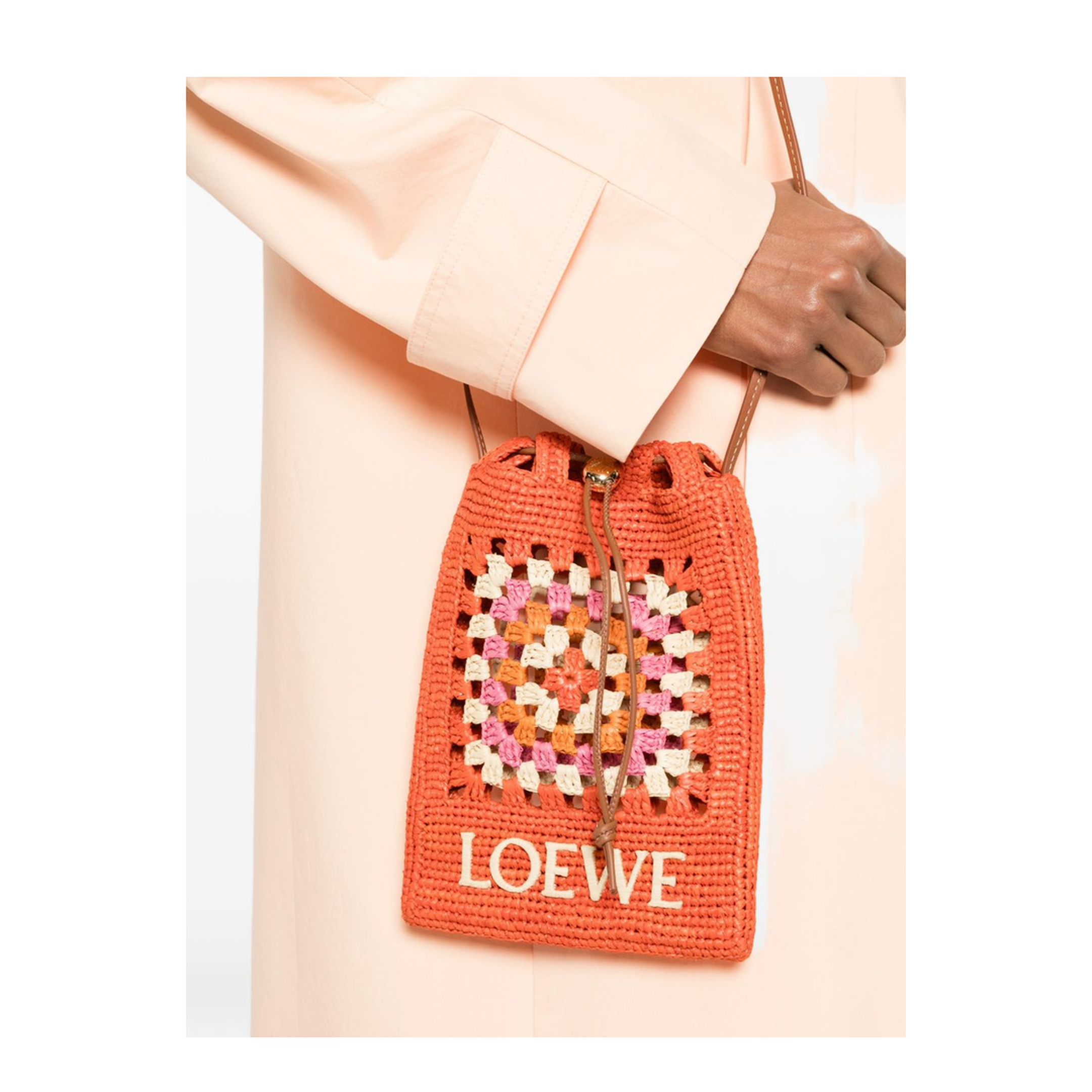 Paula's Ibiza One Size Calfskin & Raffia Bag - Bright Orange/Pink - Image 2