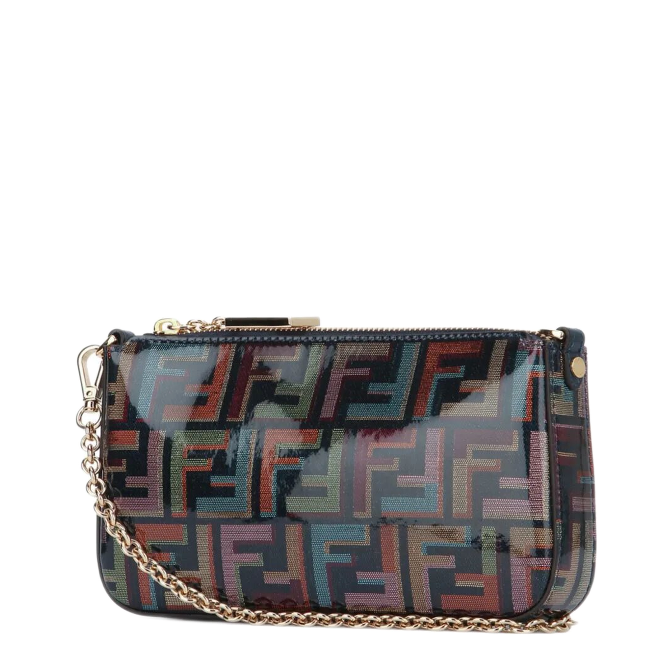 Multicolour Glazed Fabric Baguette Pouch with Chain - Image 2