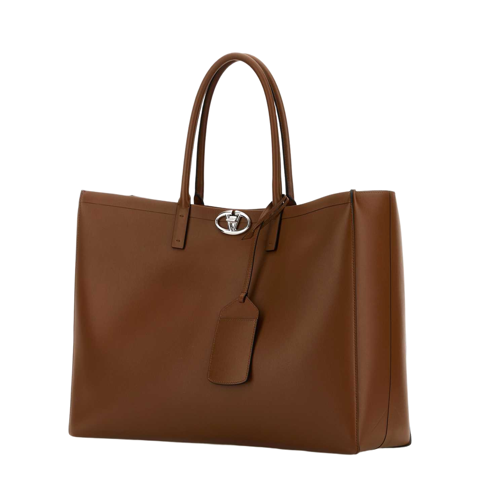Brown Leather VLogo Shopping Bag - Image 5