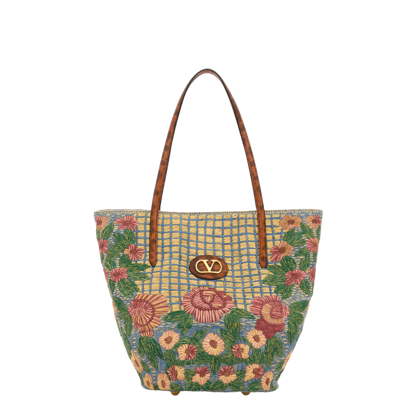 Embroidered Raffia Vlogo Signature Shopping Bag - Image 1