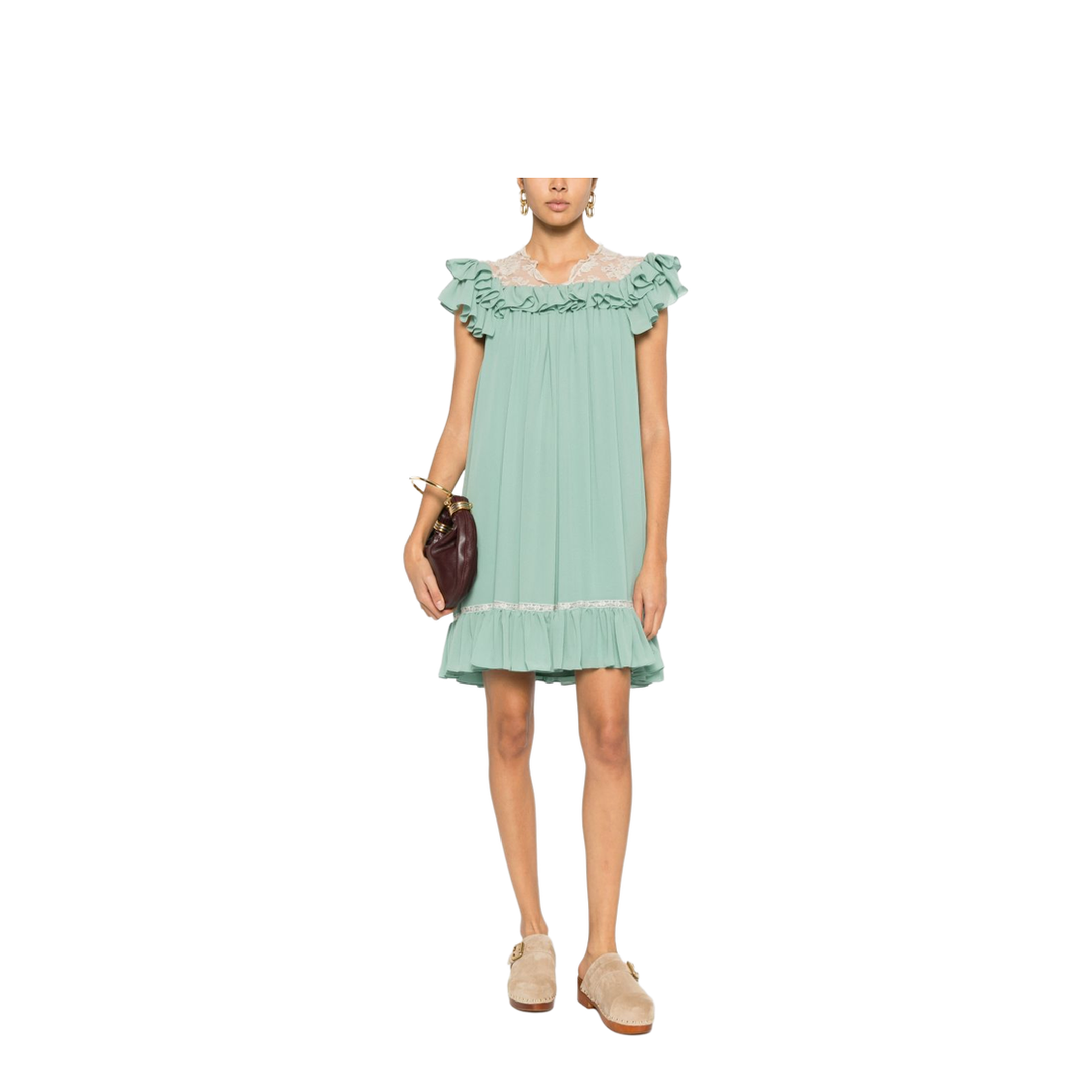 Short-sleeve mini dress in silk georgette & lace - Image 3