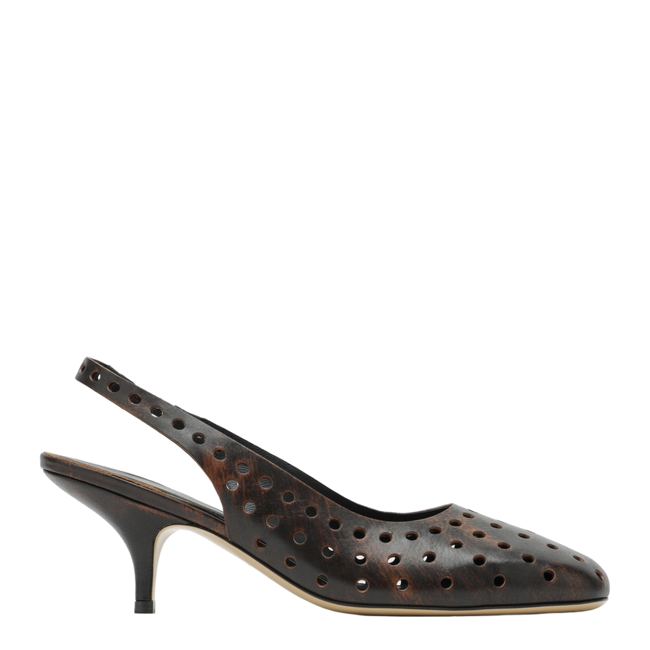 Brown Aged Leather Perforated Slingback Shoes - Image 1