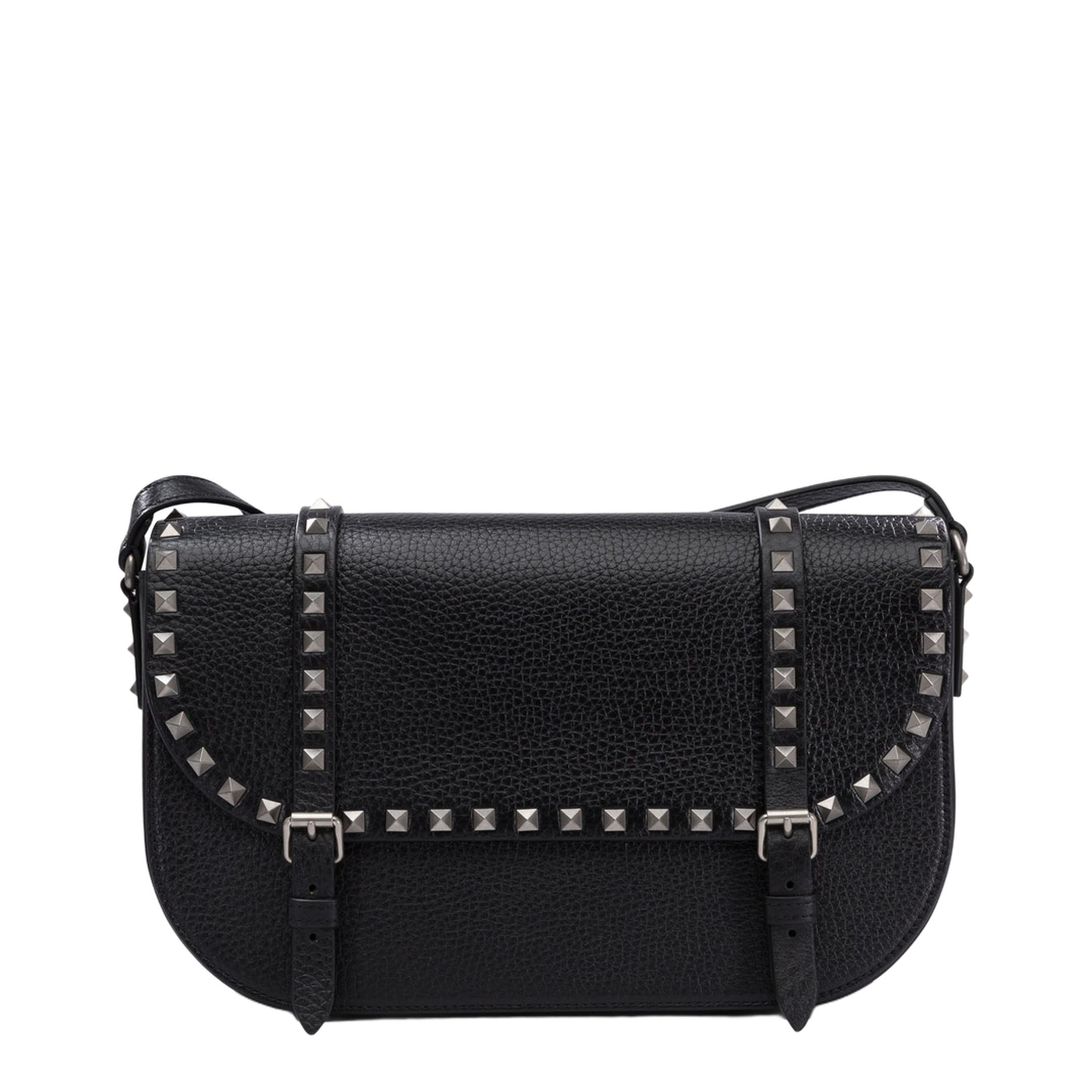 Rockstud Calfskin Messenger Shoulder Bag - Black - Image 1
