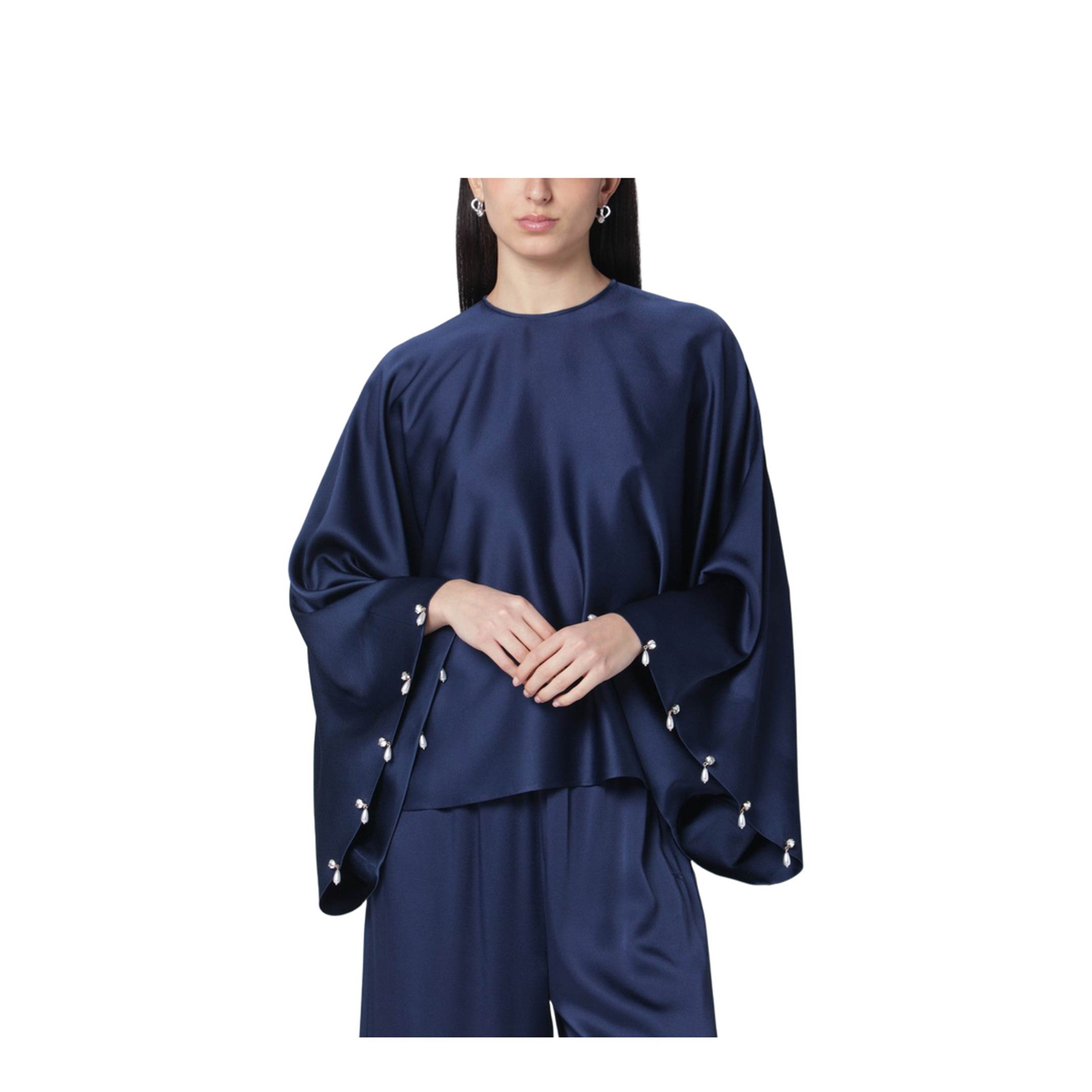 Navy Blue Oversized Viscose Satin Blouse - Image 1