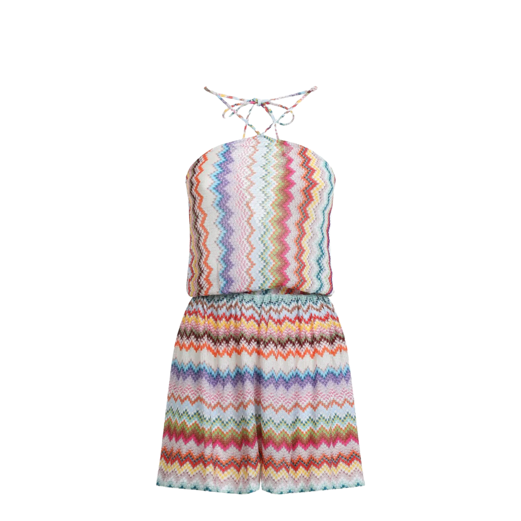 Short Jumpsuit in Lamé Viscose with Pixel-Effect Zigzag Pattern - Image 1