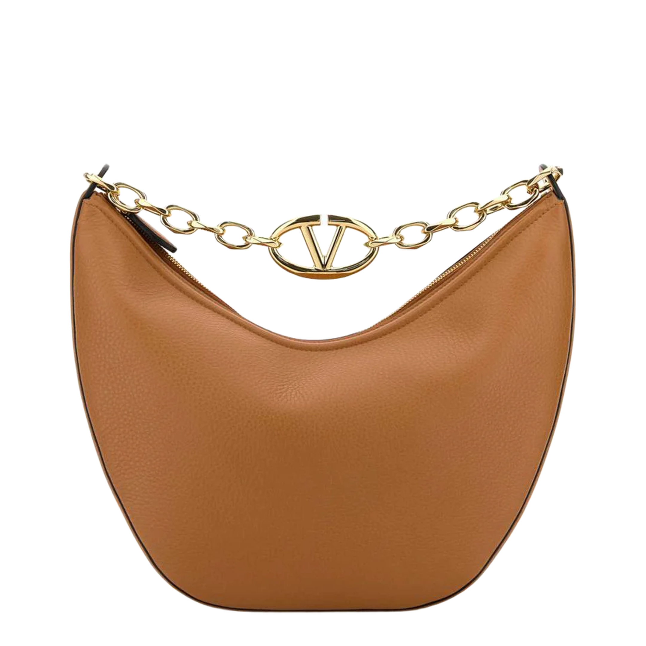 VLogo Moon Medium Grainy Calfskin Hobo Bag - Camel/Tan - Image 1