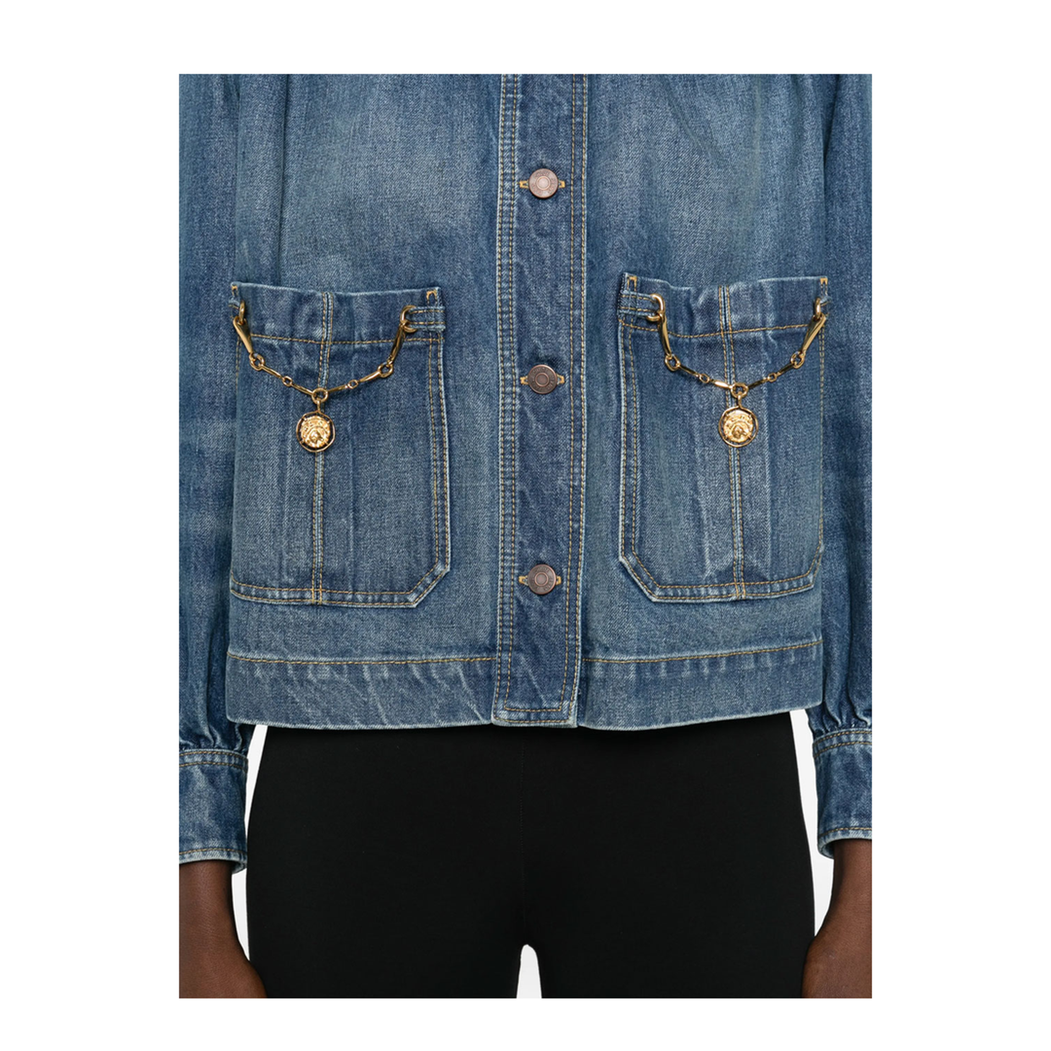 High-Neck Gathered Denim Jacket - Image 5