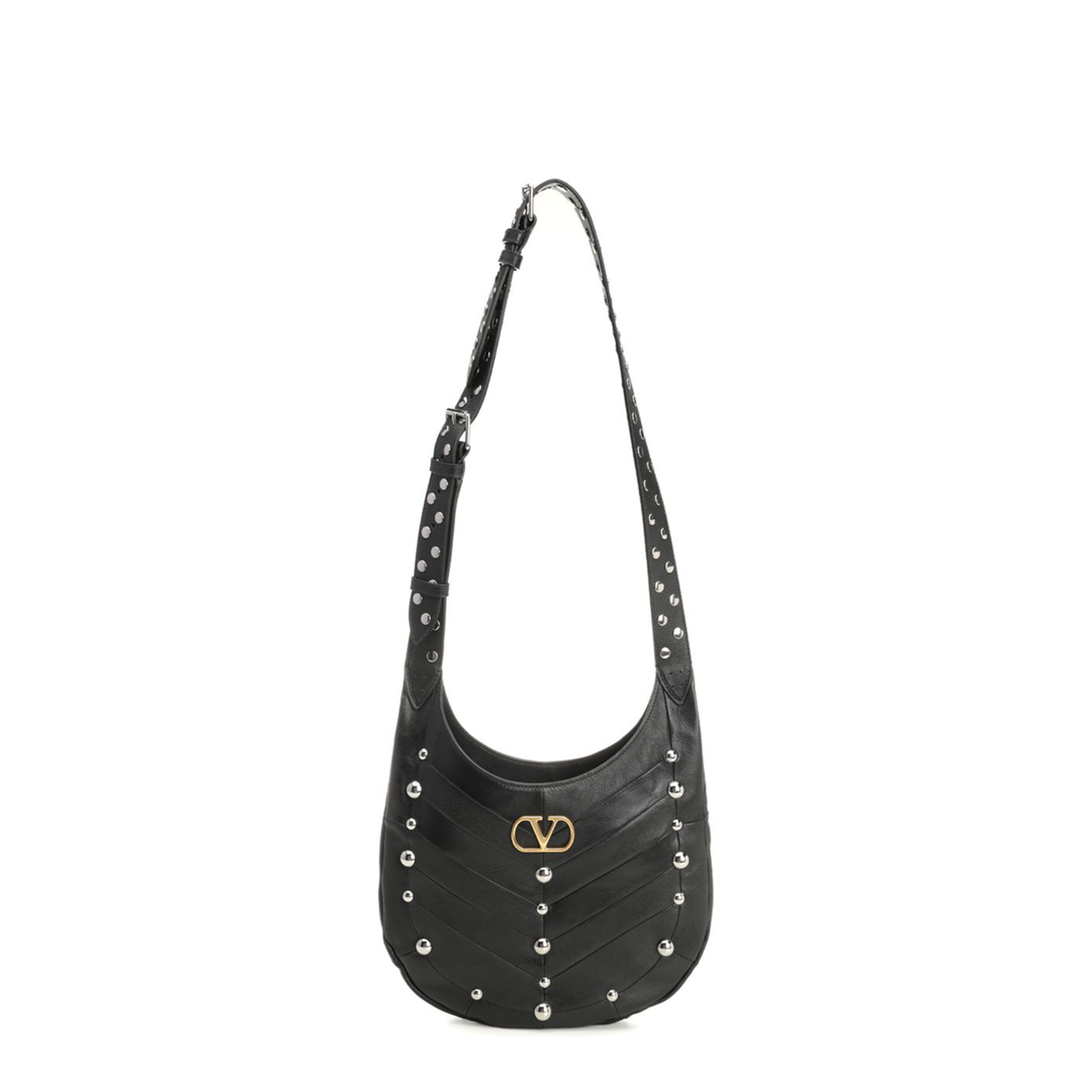 Hoboho Nappa Leather Hobo Bag With Chevron Pattern And Studs Black - Image 1