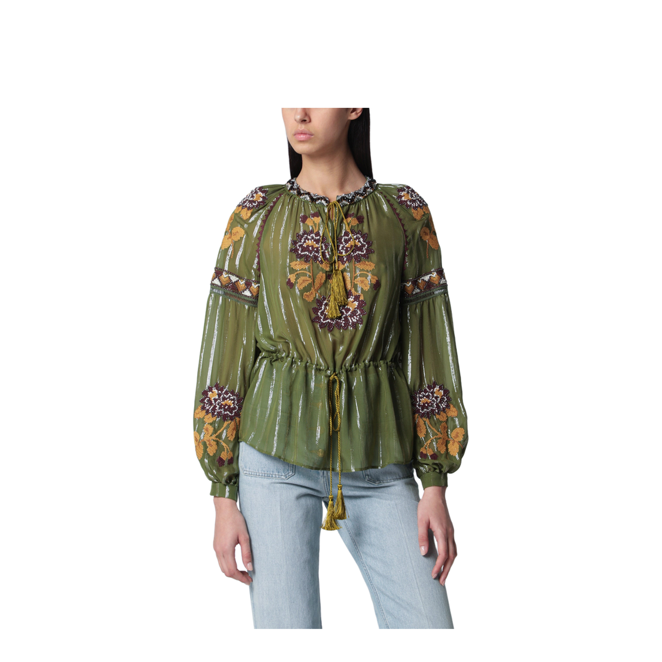 Embroidered Lurex Silk Shirt Green Camou - Image 1