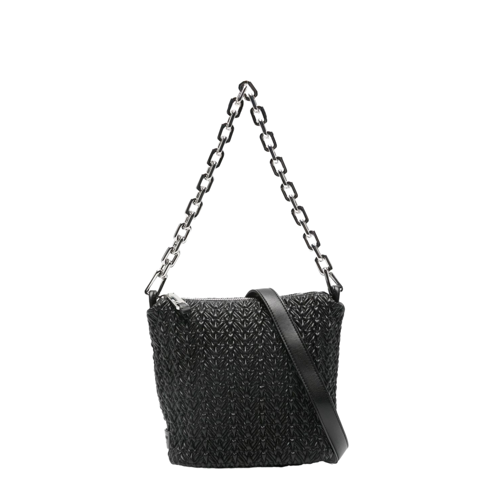 Embossed Small Leather Hobo Bag - Black - Image 1