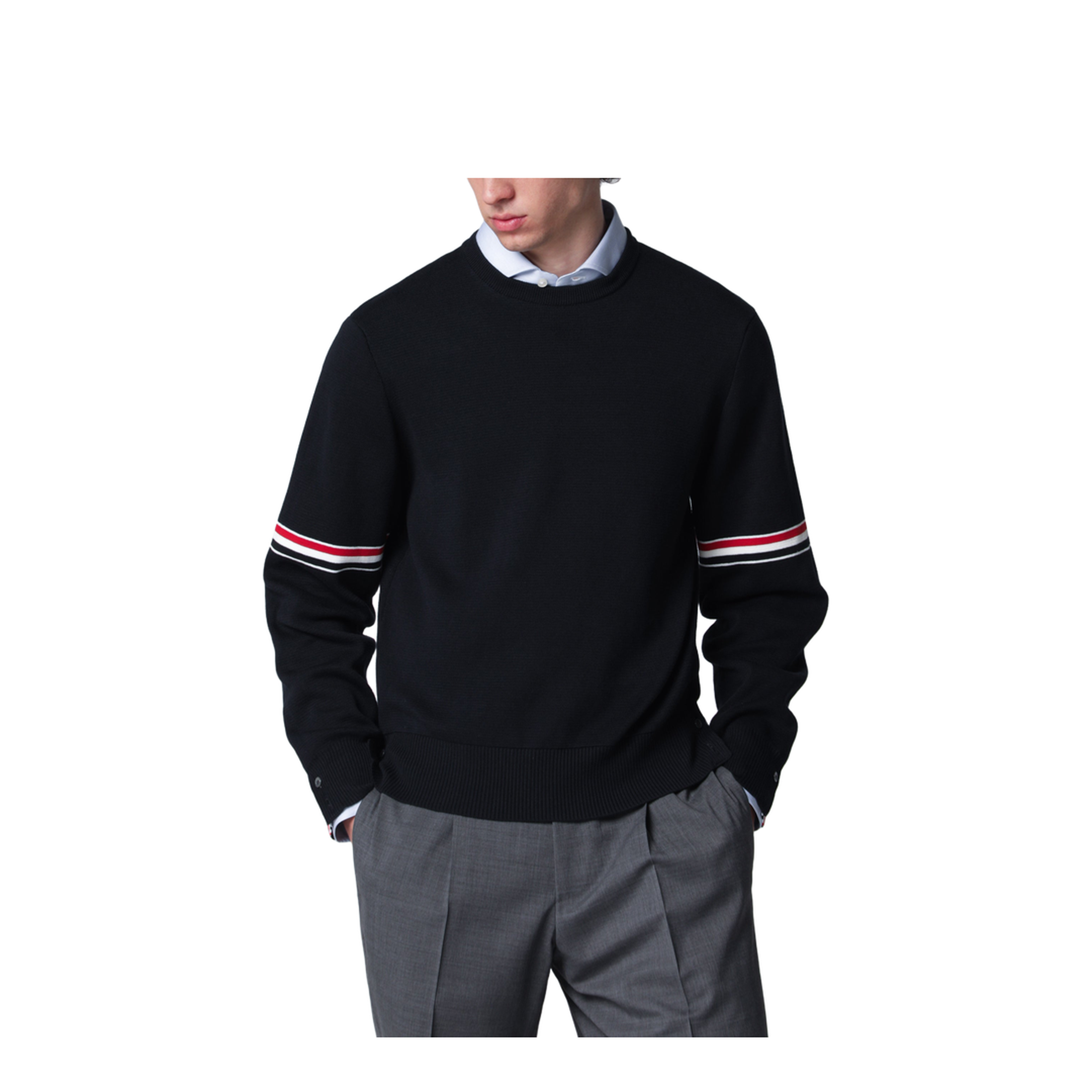 Navy Blue Cotton Sweater with Tricolor Details - Image 1