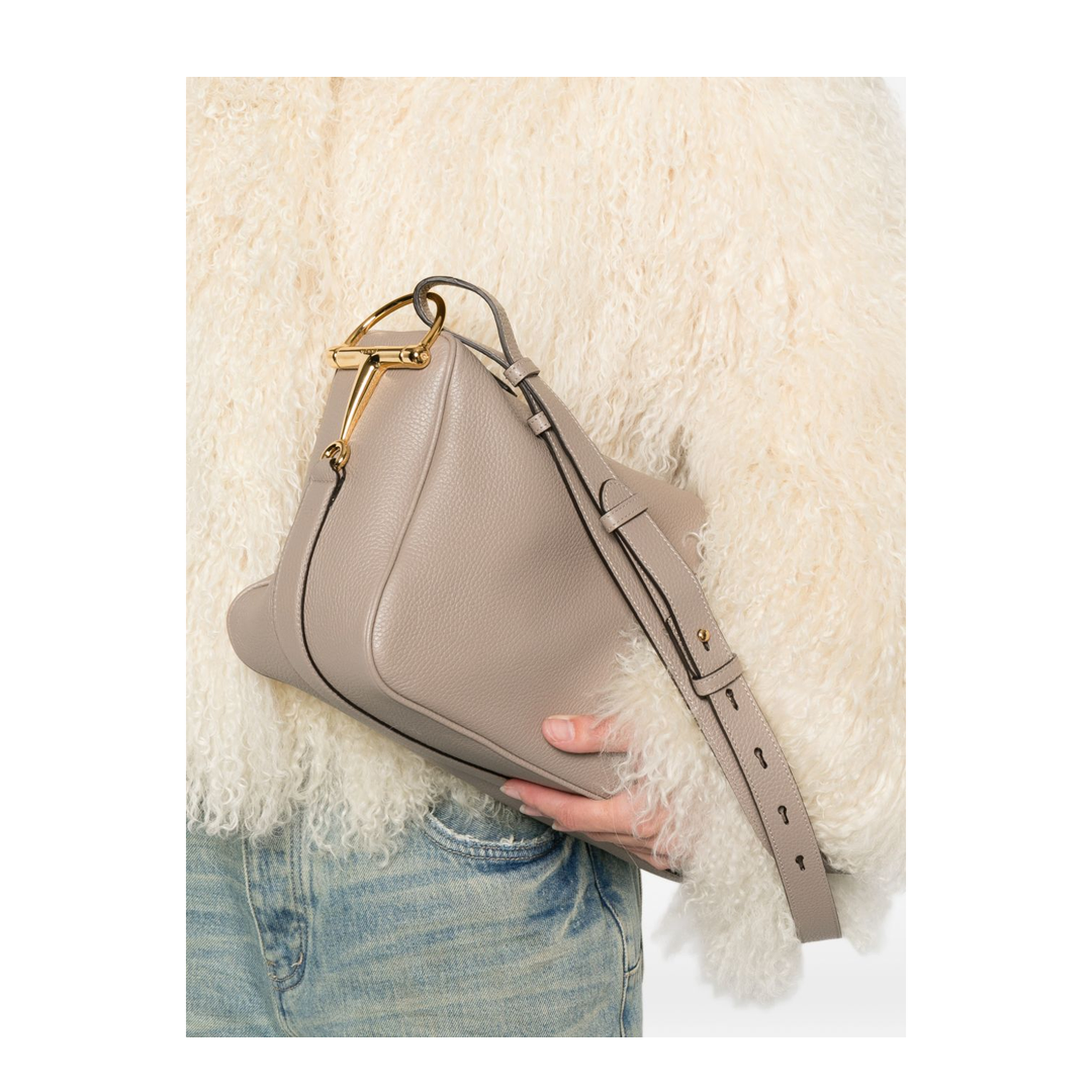 Half Horsebit Large Soft Grain Shoulder Bag - Taupe - Image 3