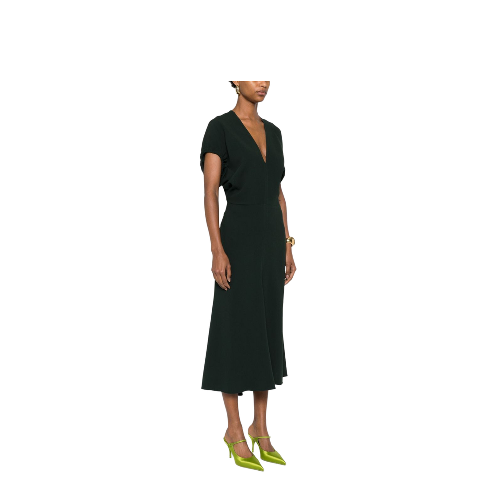 V-Neck Blouson Midi Dress in Black - Image 4