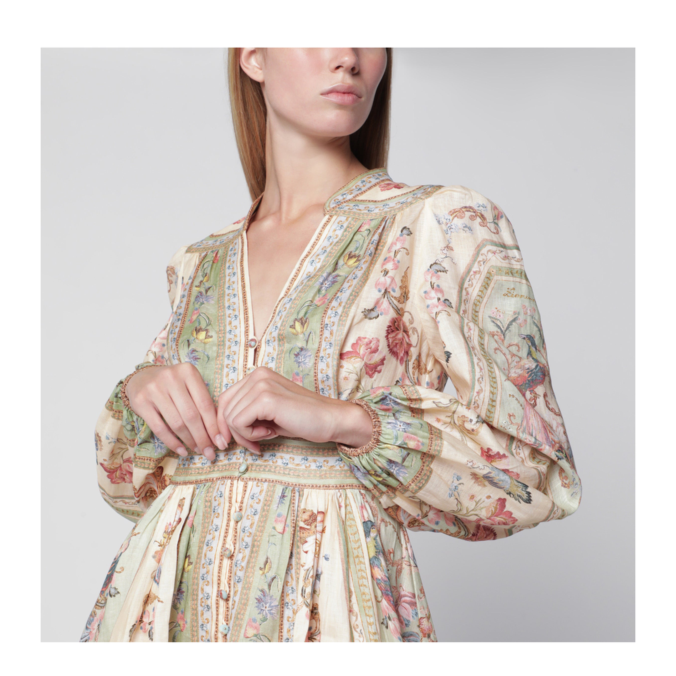 Roselight Mini Dress in Sage Floral Linen - Image 2