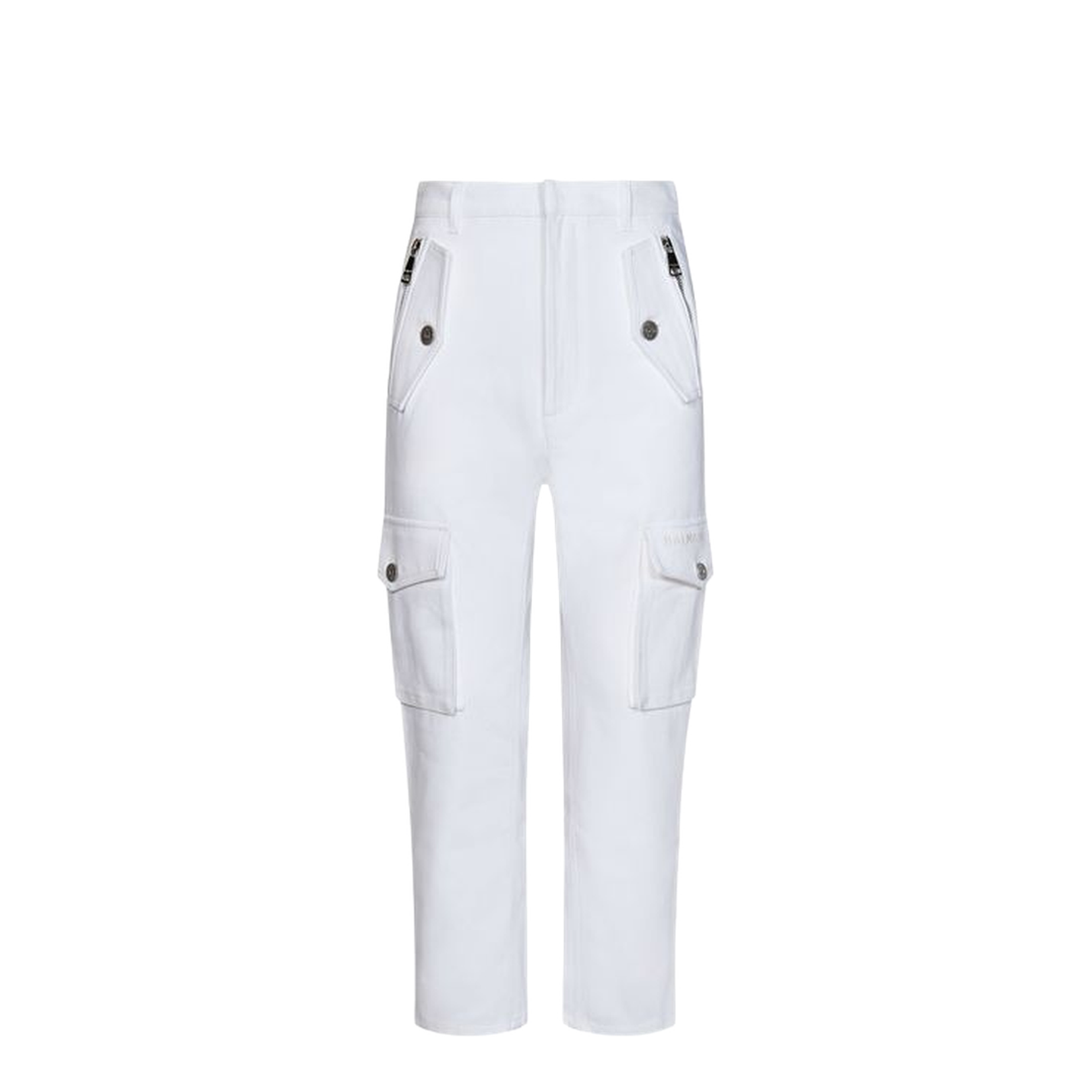 White Cargo Pants Silver Logo Plate - Image 4