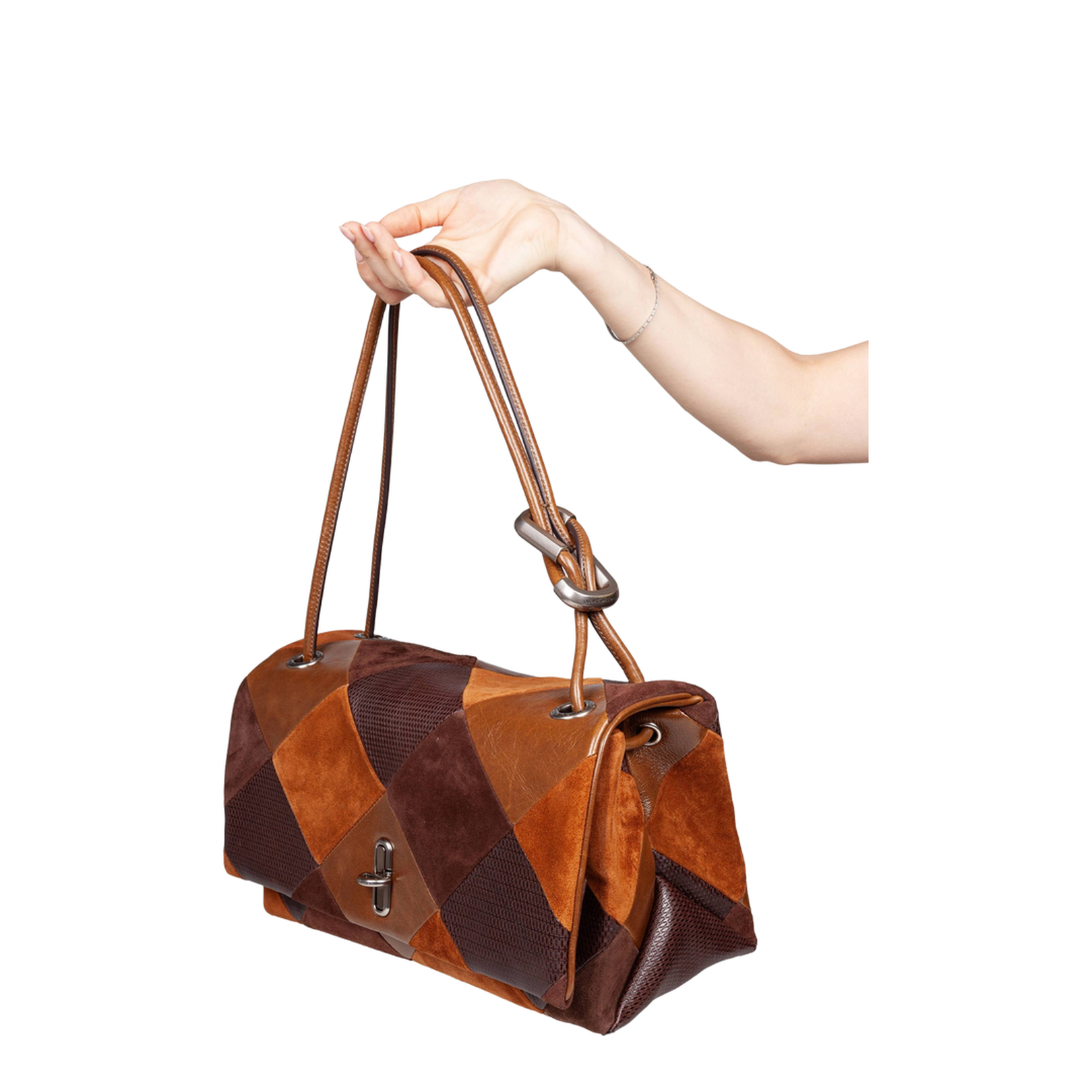 Shoulder Bag Leather Brown Diamond Pattern - Image 4