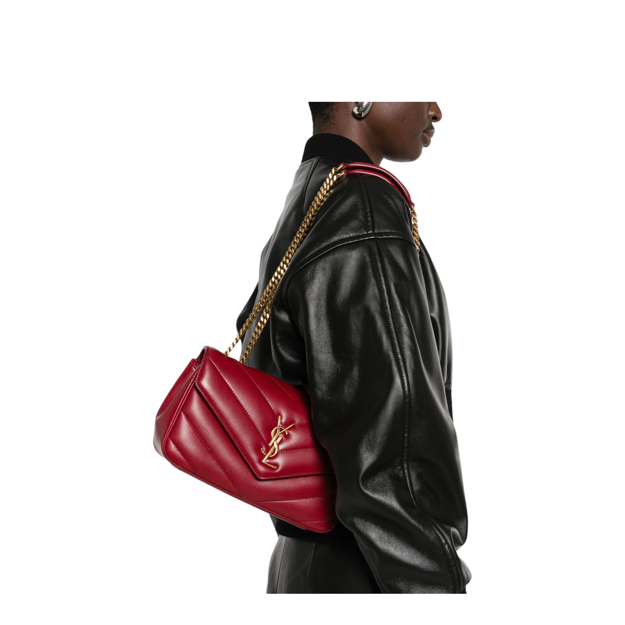 Loulou Small Matelassé Lambskin Chain Bag - Deeply Red - Image 4
