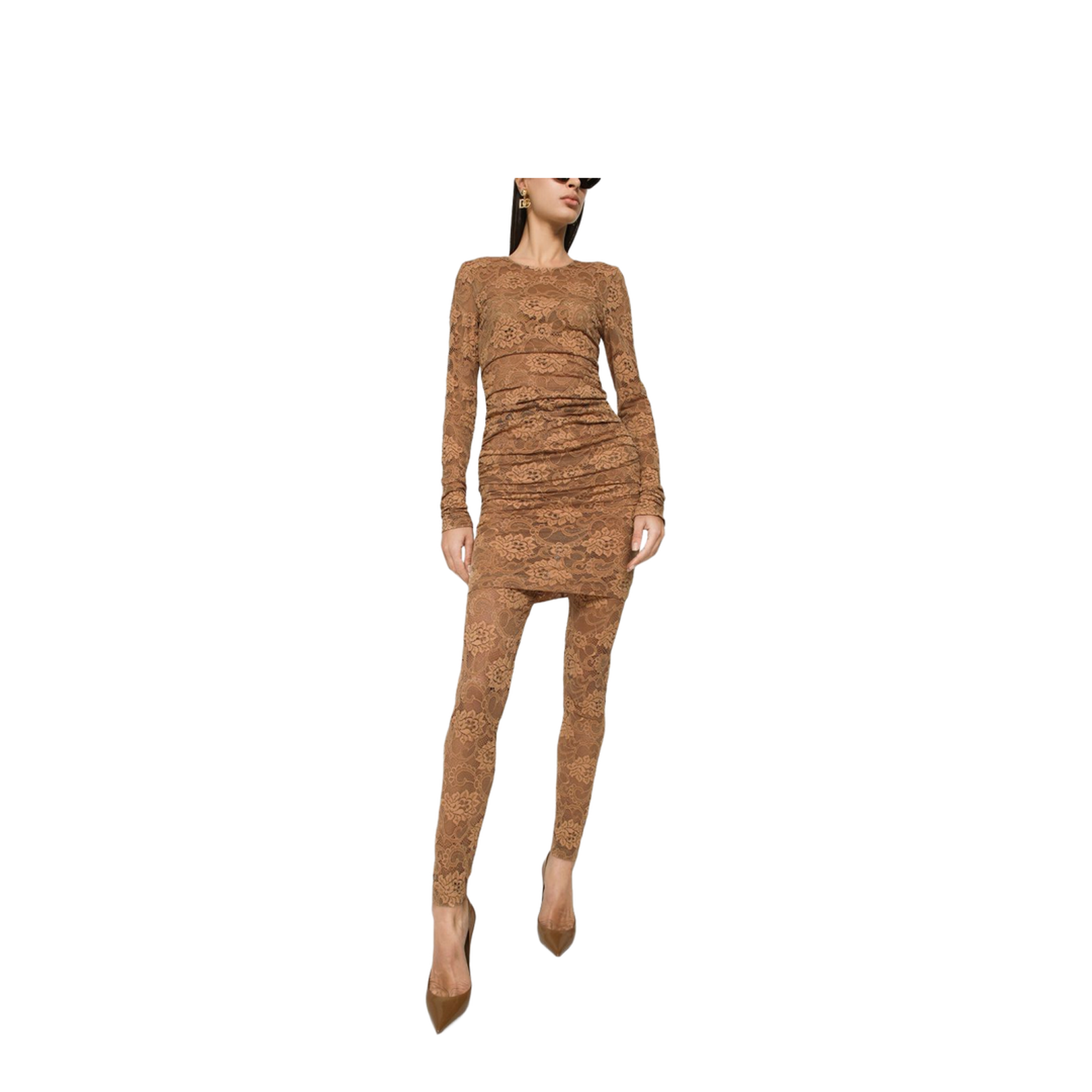 Short Floral Lace Dress in Beige - Image 3