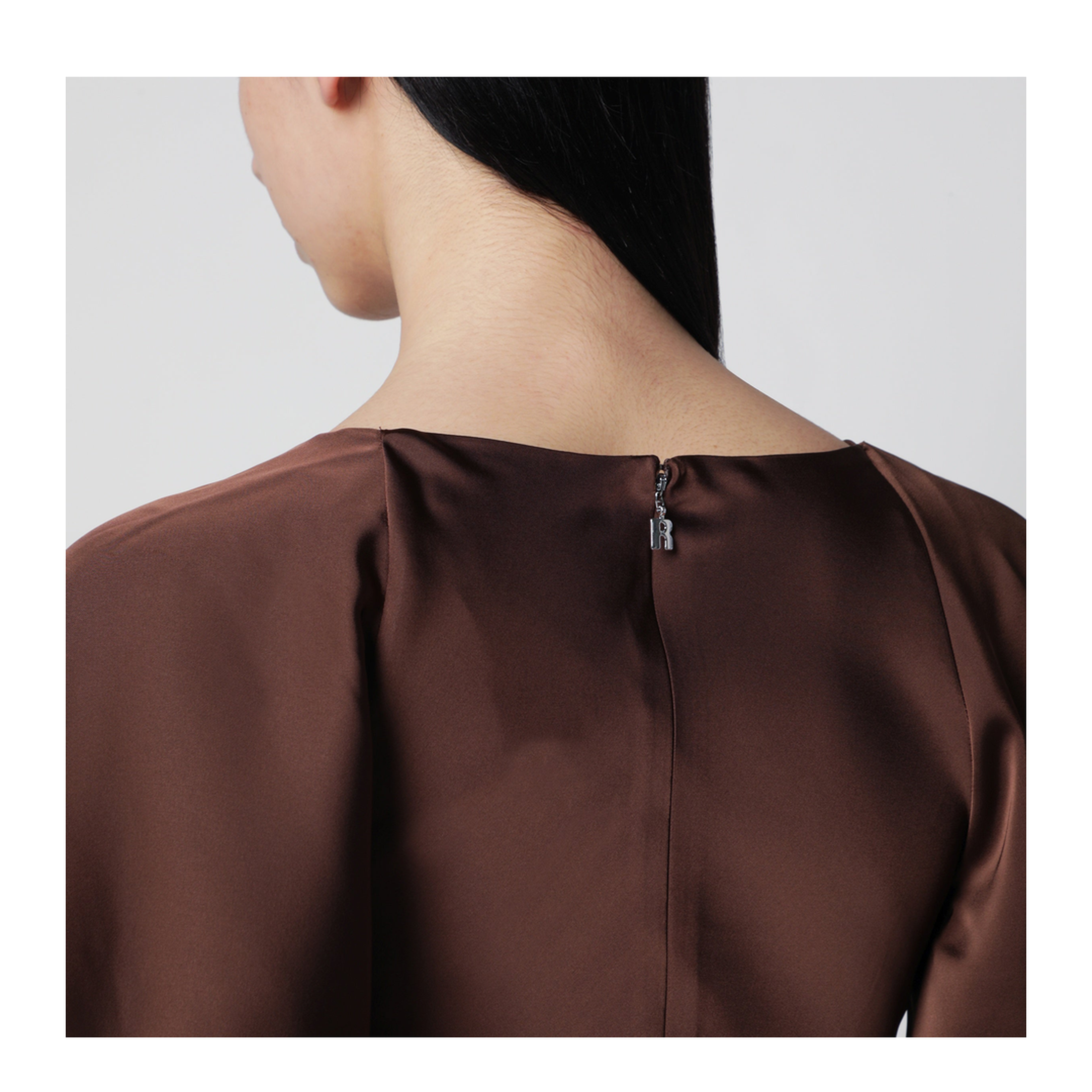 Long Satin Dress with Flutter Sleeves in Potting Soil - Image 2