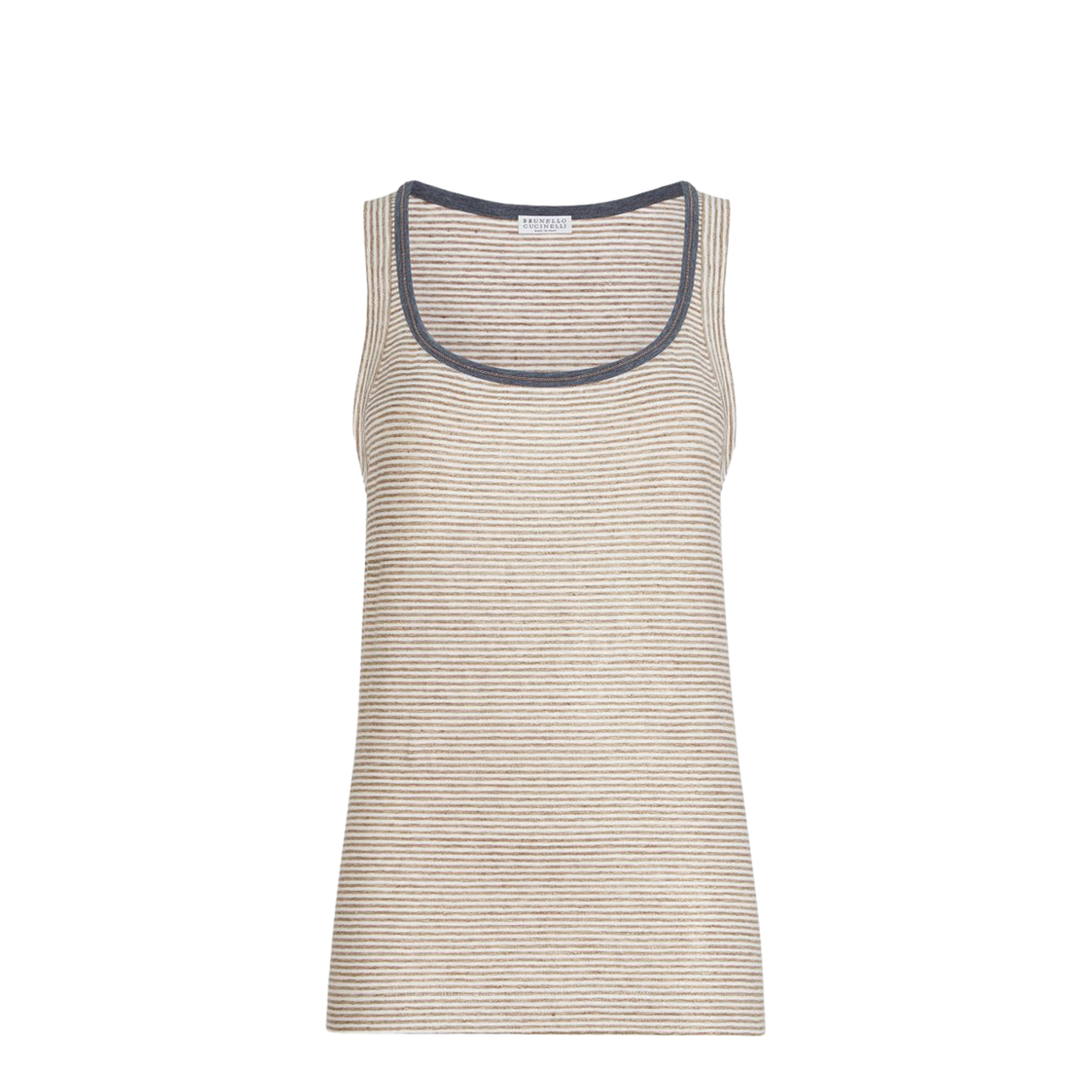 Linen Striped Crew Neck Top with Contrasting Trim and Necklace - Image 1