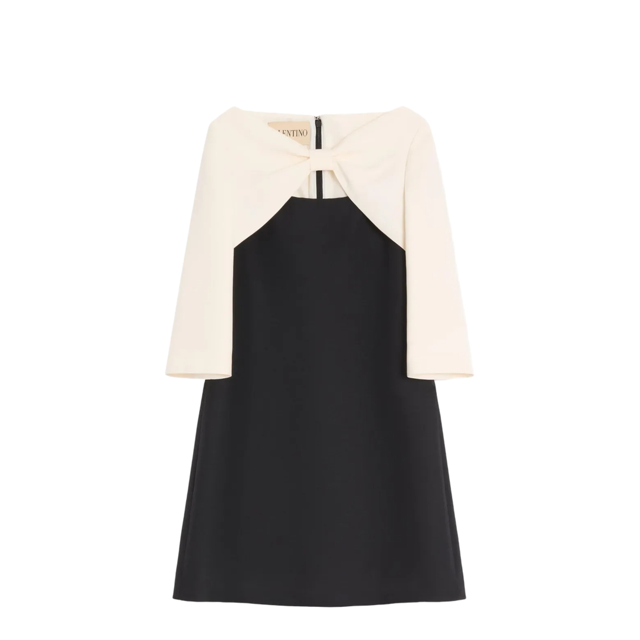 Crepe Couture Short Dress with Bow and Contrasting Sleeves - Image 1