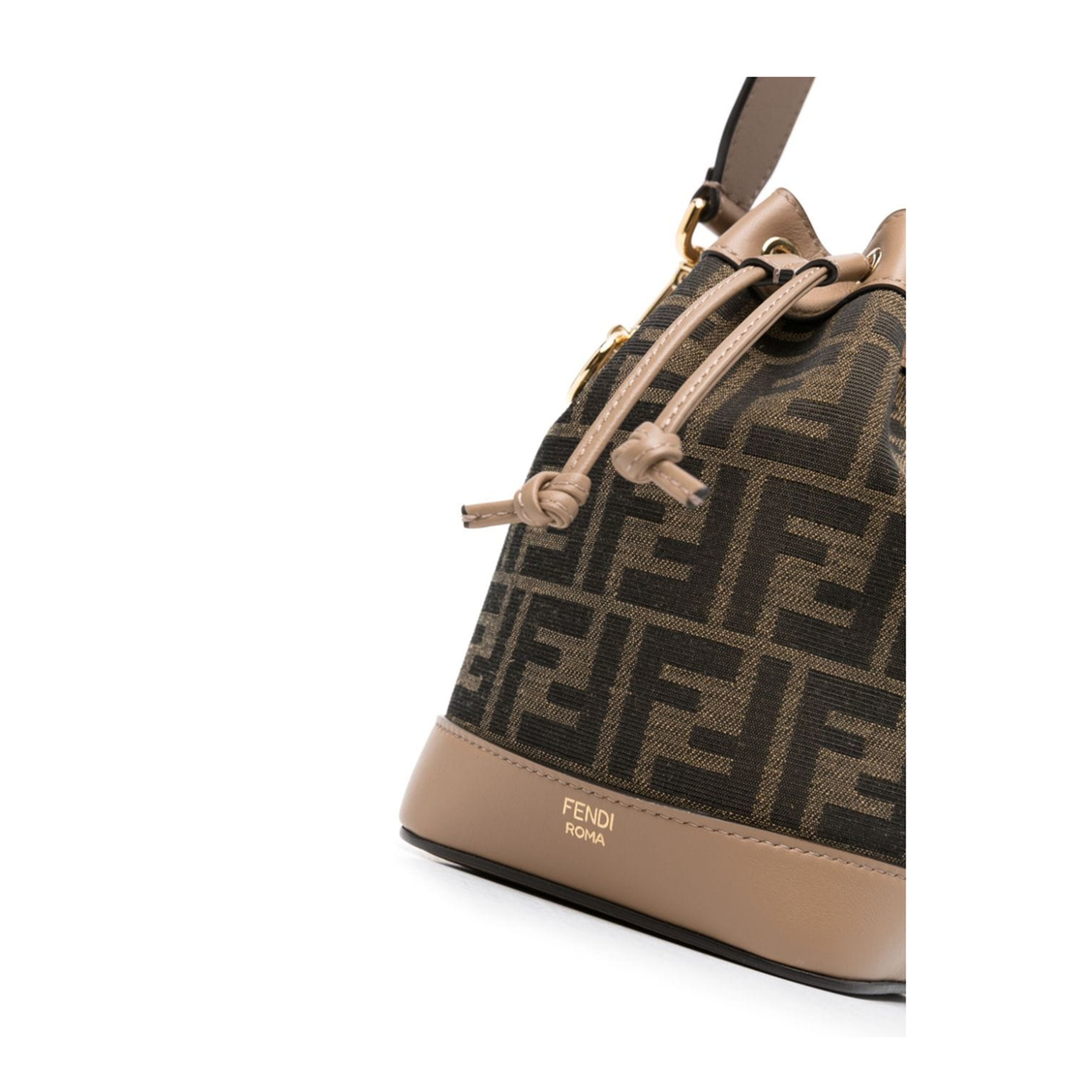 Brown Beige Canvas Leather Trim Drawstring Bag - Image 5