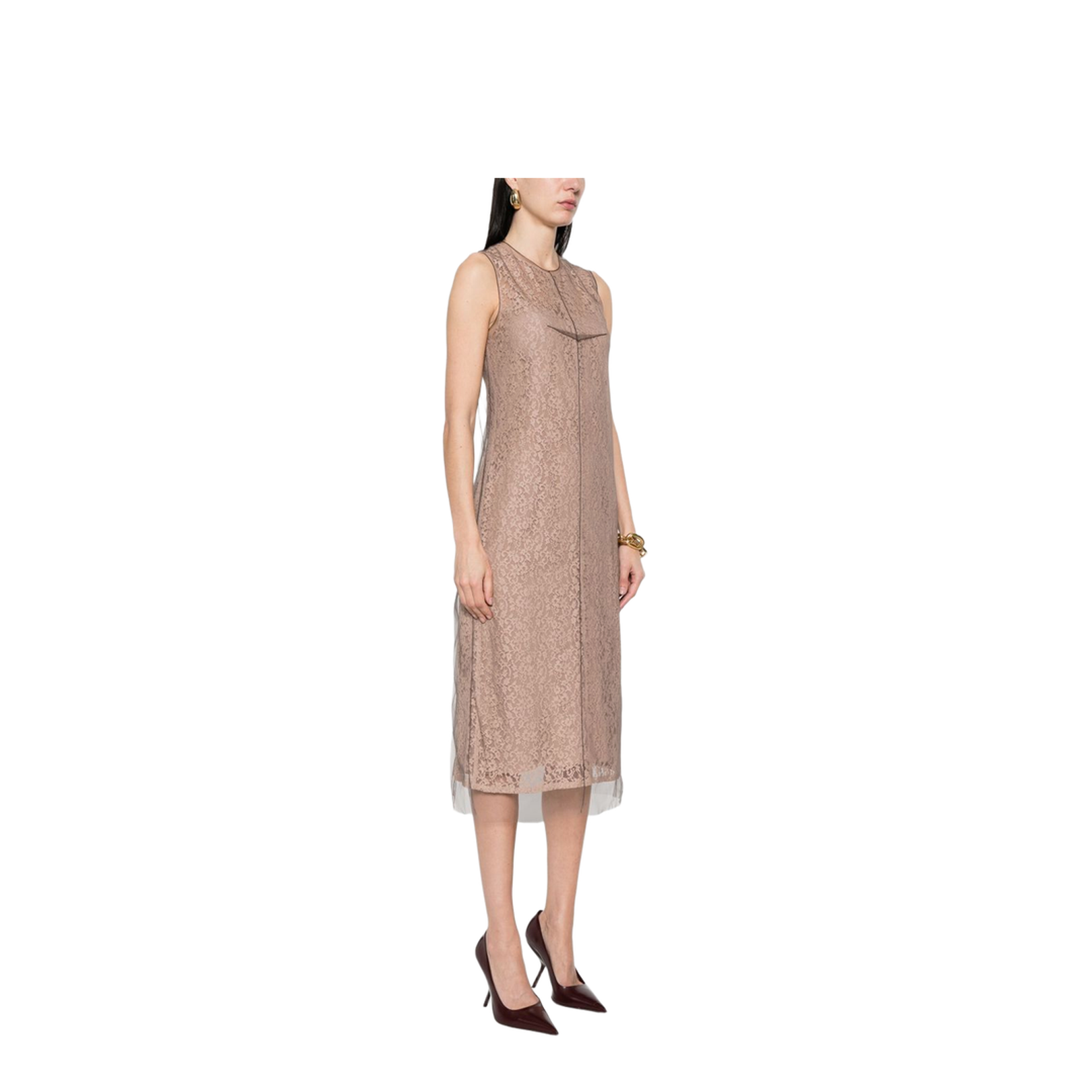 Concealed Rear Hook and Zip Fastening Internal Slip Dress with Tulle Overlay and Rear Slit - Image 5