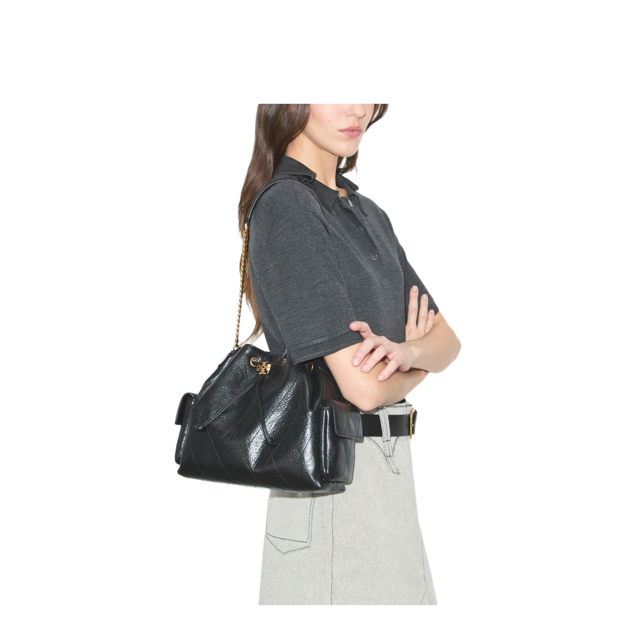 Charlie Medium Pebbled Leather Shoulder Bag - Black - Image 3